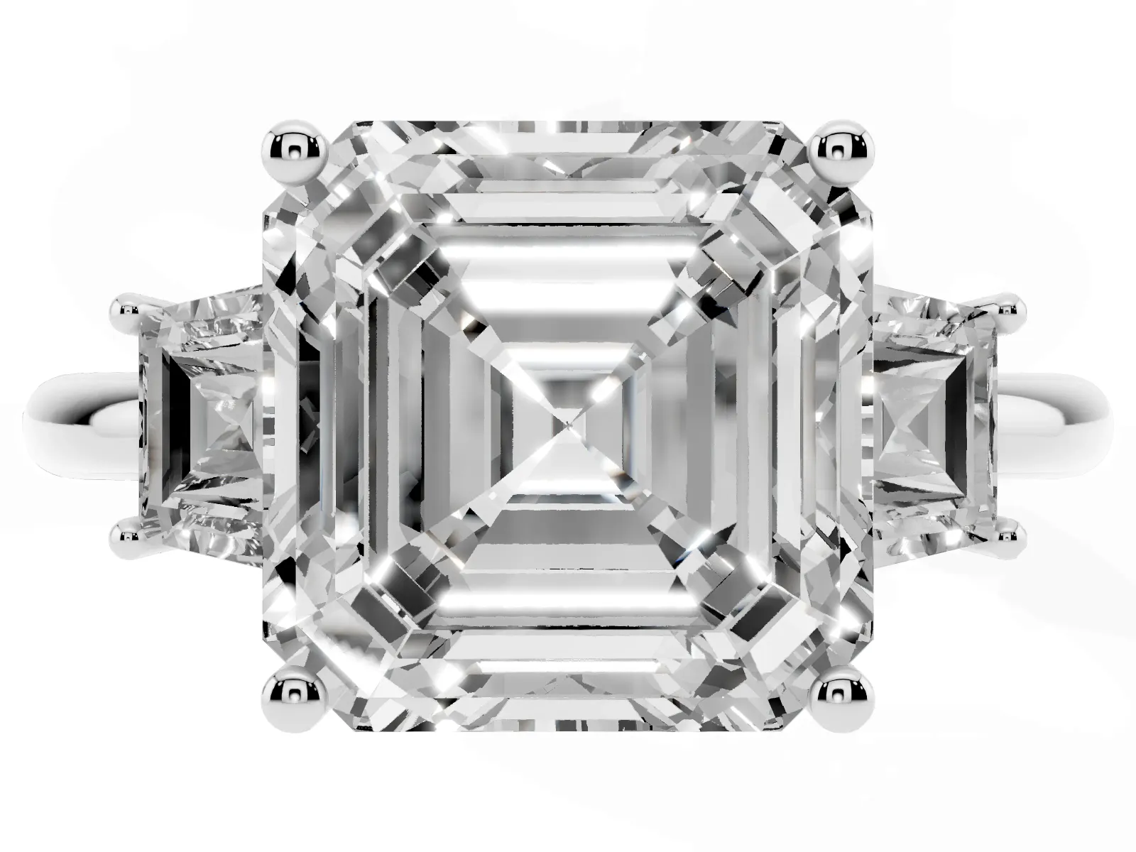 Asscher Cut Diamond Three-Stone Ring with Trapezoid Side Stones and Prong Setting White gold