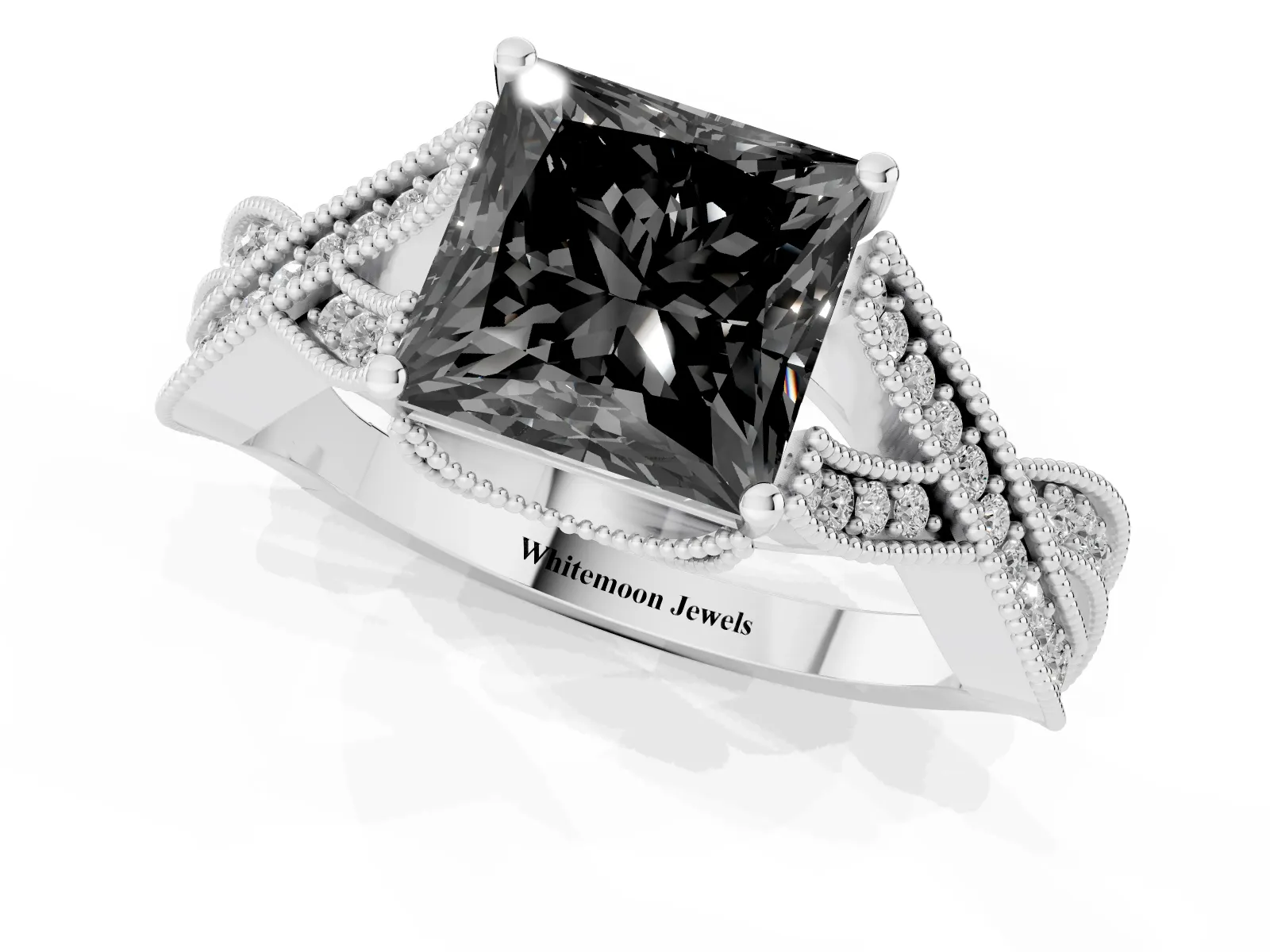 Fancy Black Princess Cut Cut Diamond Twisted Band with Milgrain Pave Setting and Four-Prong Setting Platinum