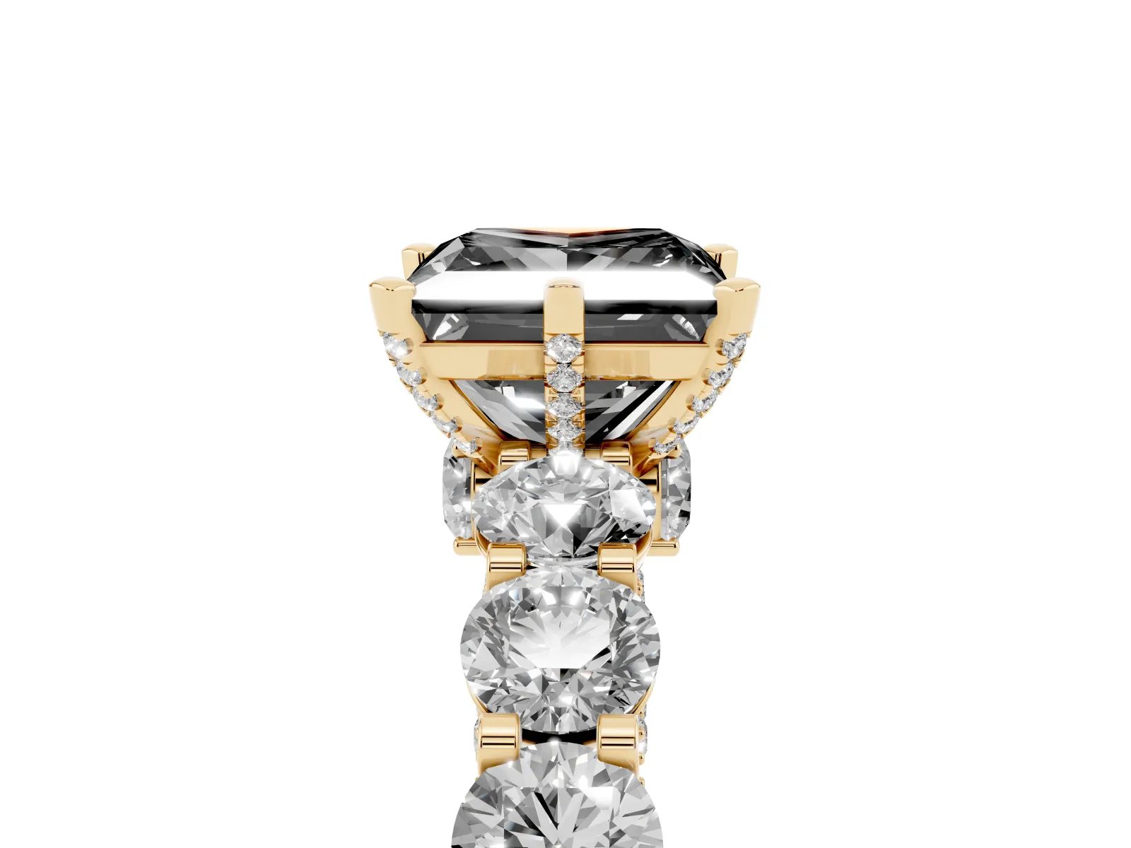 Fancy Black Princess Cut Diamond Side Stone Engagement Ring with Four-Prong Setting Yellow gold