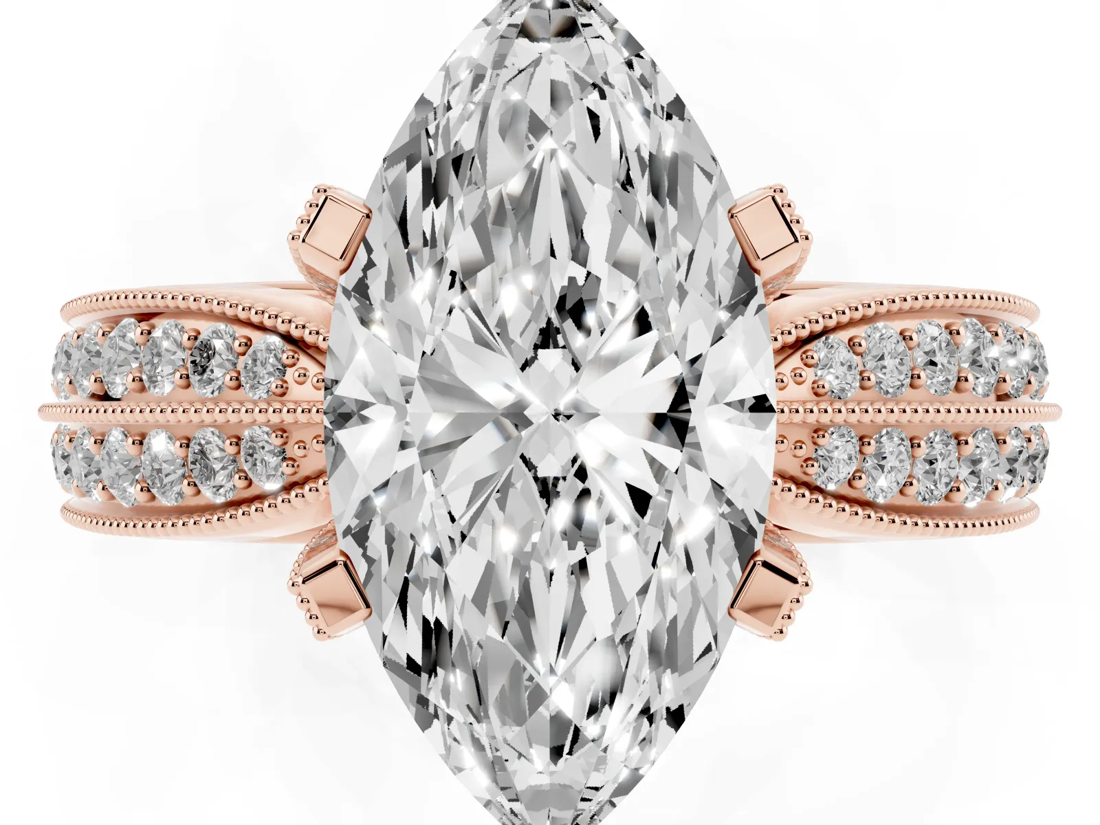 Marquise Cut Diamond Solitaire Ring with Milgrain Round Pavé Band and Prong Setting Rose gold