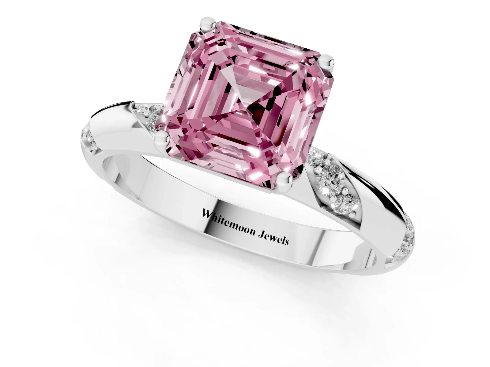 Fancy Pink Asscher Cut Diamond Solitaire Engagement Ring with Twisted Round Accent Band and Prong Setting Platinum