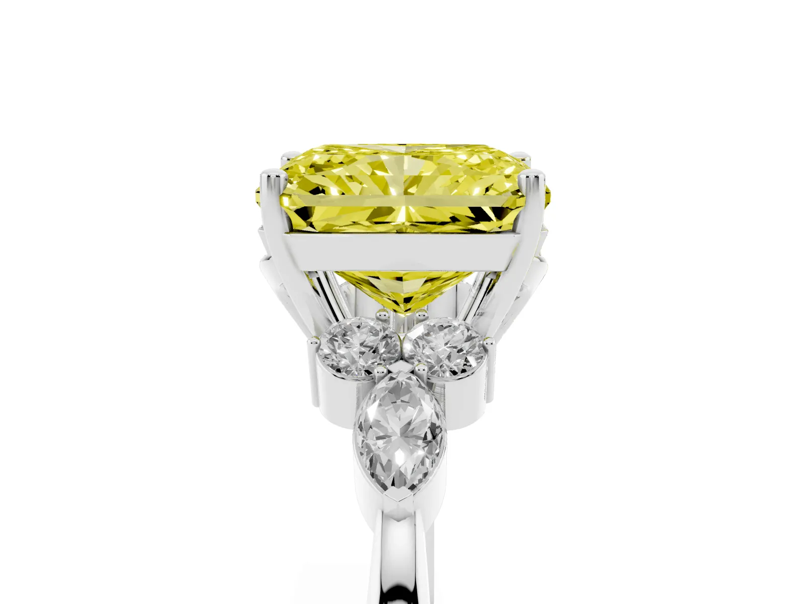 Fancy Yellow Radiant Cut Brilliant Diamond Solitaire Ring with Pear Side Stones and Four-Prong Setting White gold