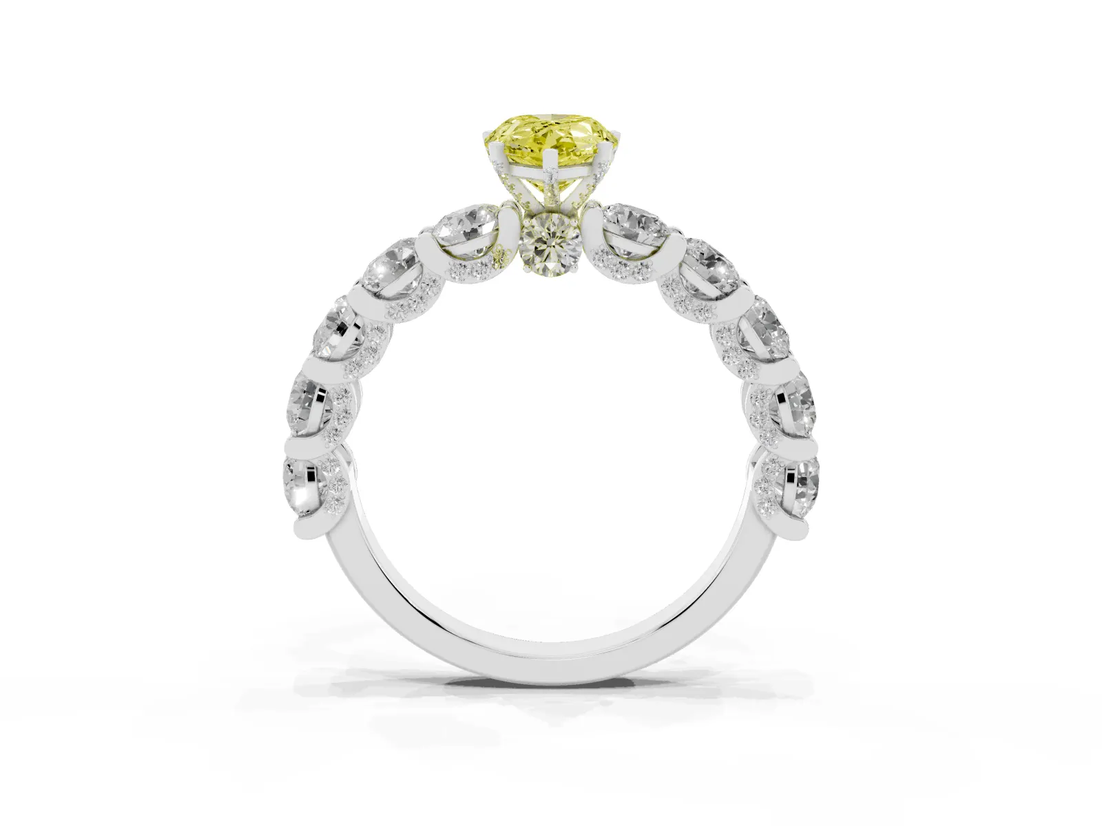 Fancy Yellow Pear Cut Diamond Side Stone Engagement Ring with Four-Prong Setting White gold