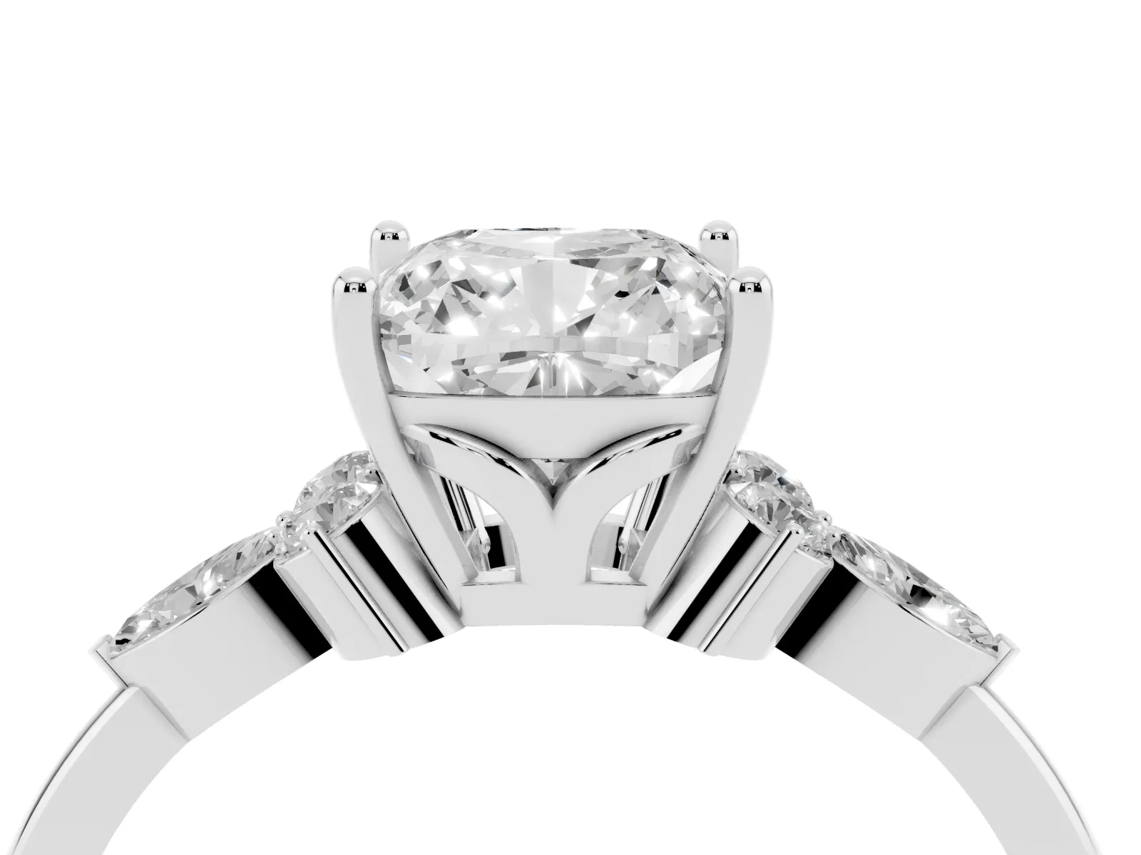 Cushion Cut Brilliant Diamond Solitaire Ring with Pear Side Stones and Four-Prong Setting Platinum