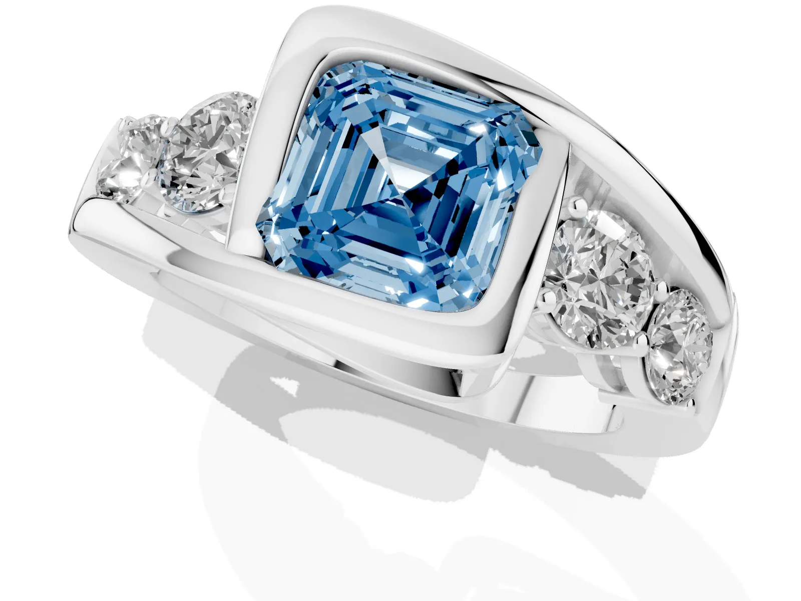Fancy Blue Bezel Set Asscher Cut Diamond Bypass Ring with Round Accents Platinum