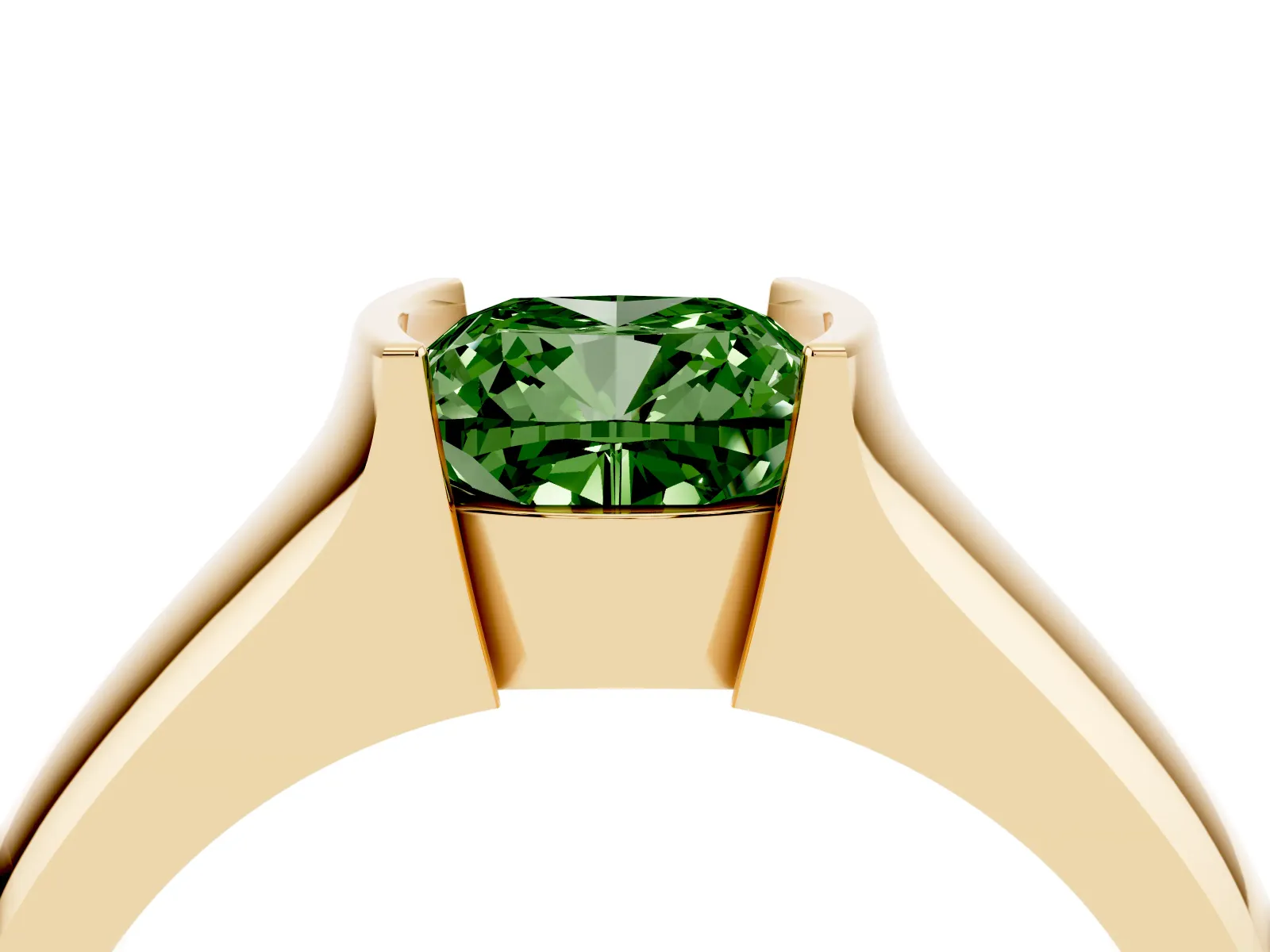 Fancy Green Cushion Cut Solitaire Bezel Set Diamond Ring with Wide Band Yellow gold
