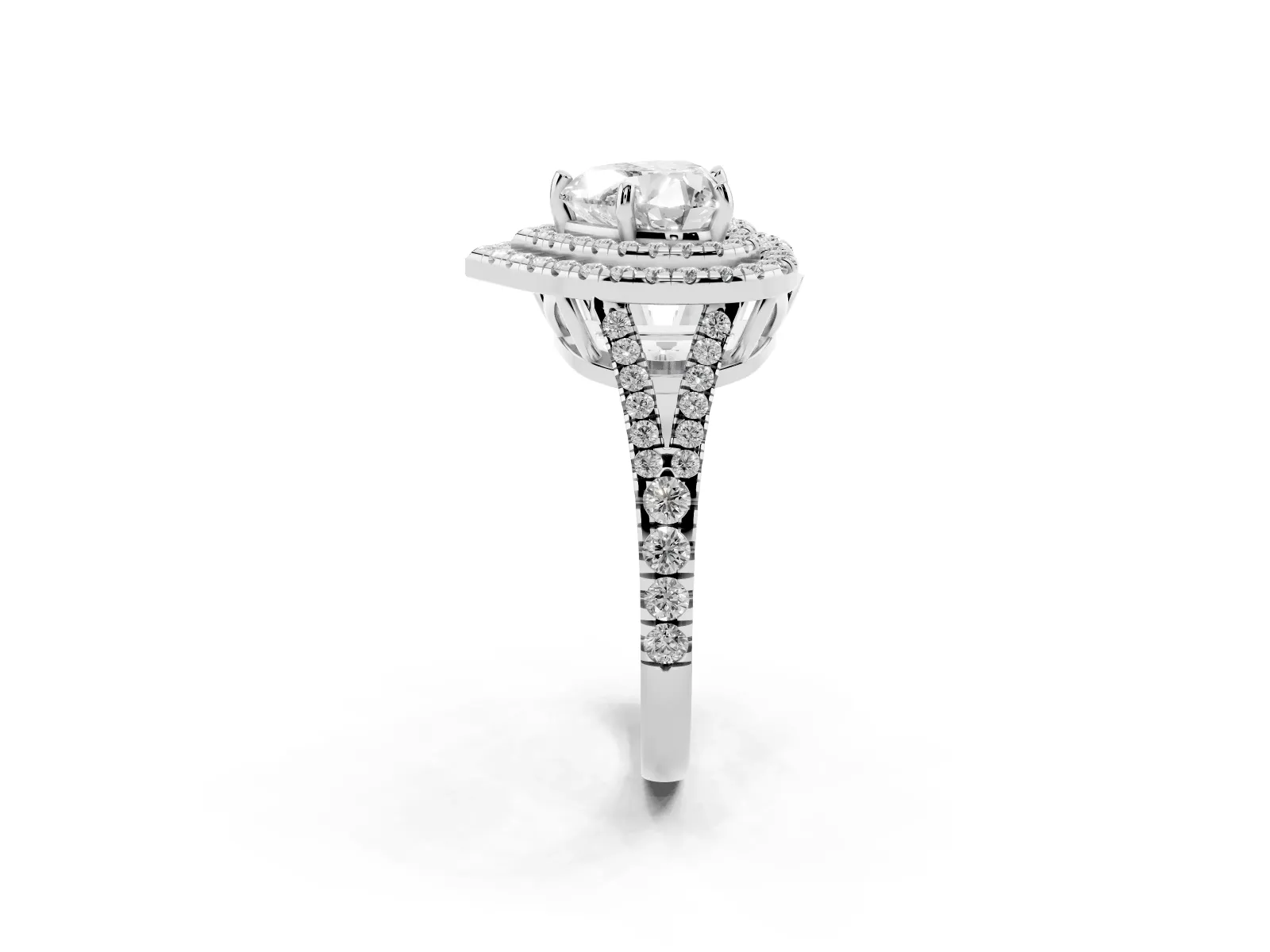 Heart Cut Diamond Double Halo Ring with Pavé Band and Prong Setting Platinum