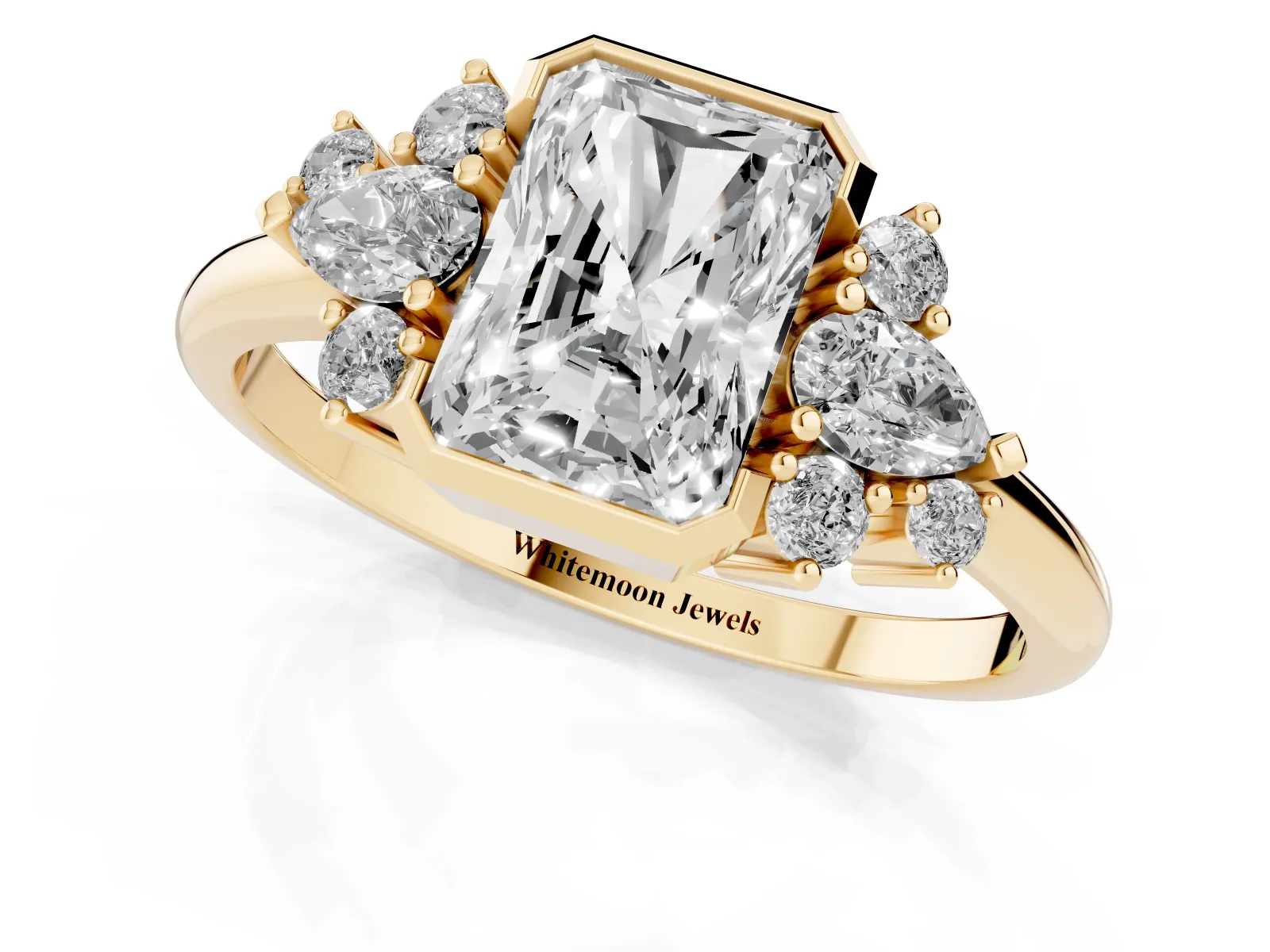 Radiant Diamond Engagement Ring with Pear and Round Side Stones Yellow gold