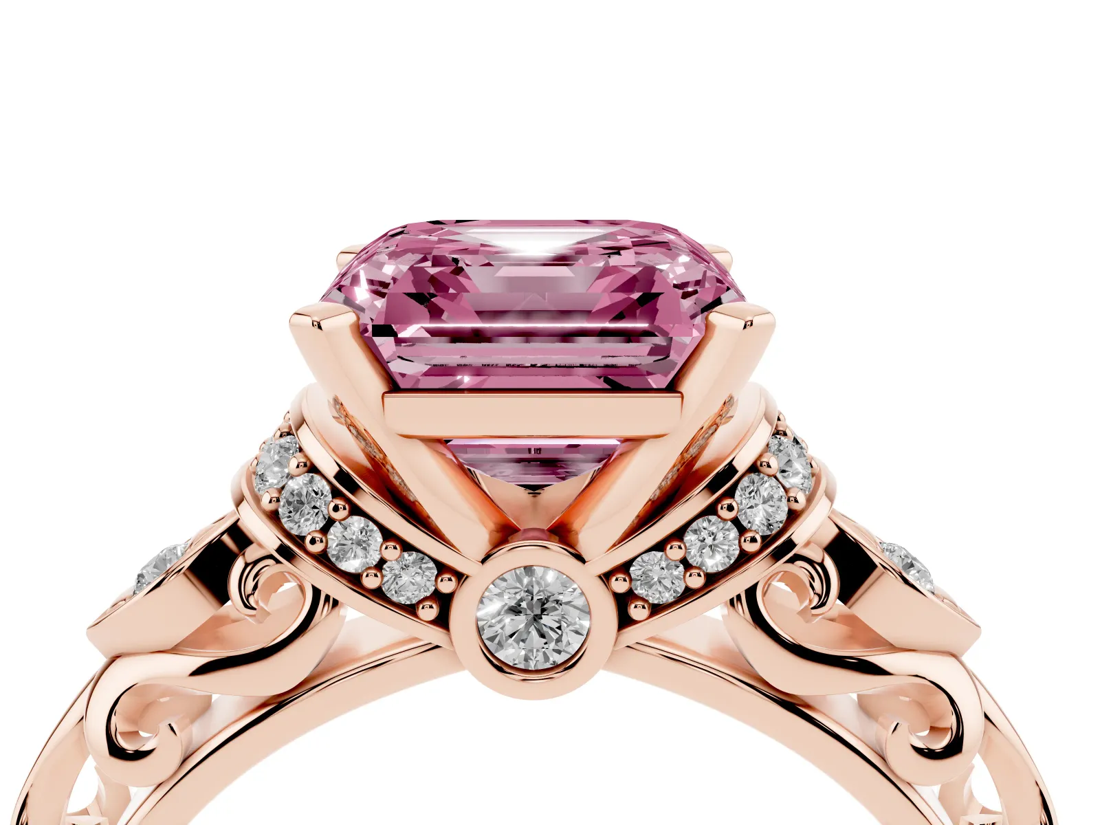 Fancy Pink Asscher Cut Diamond Solitaire Ring with Filigree Band and Four-Prong Setting Rose gold