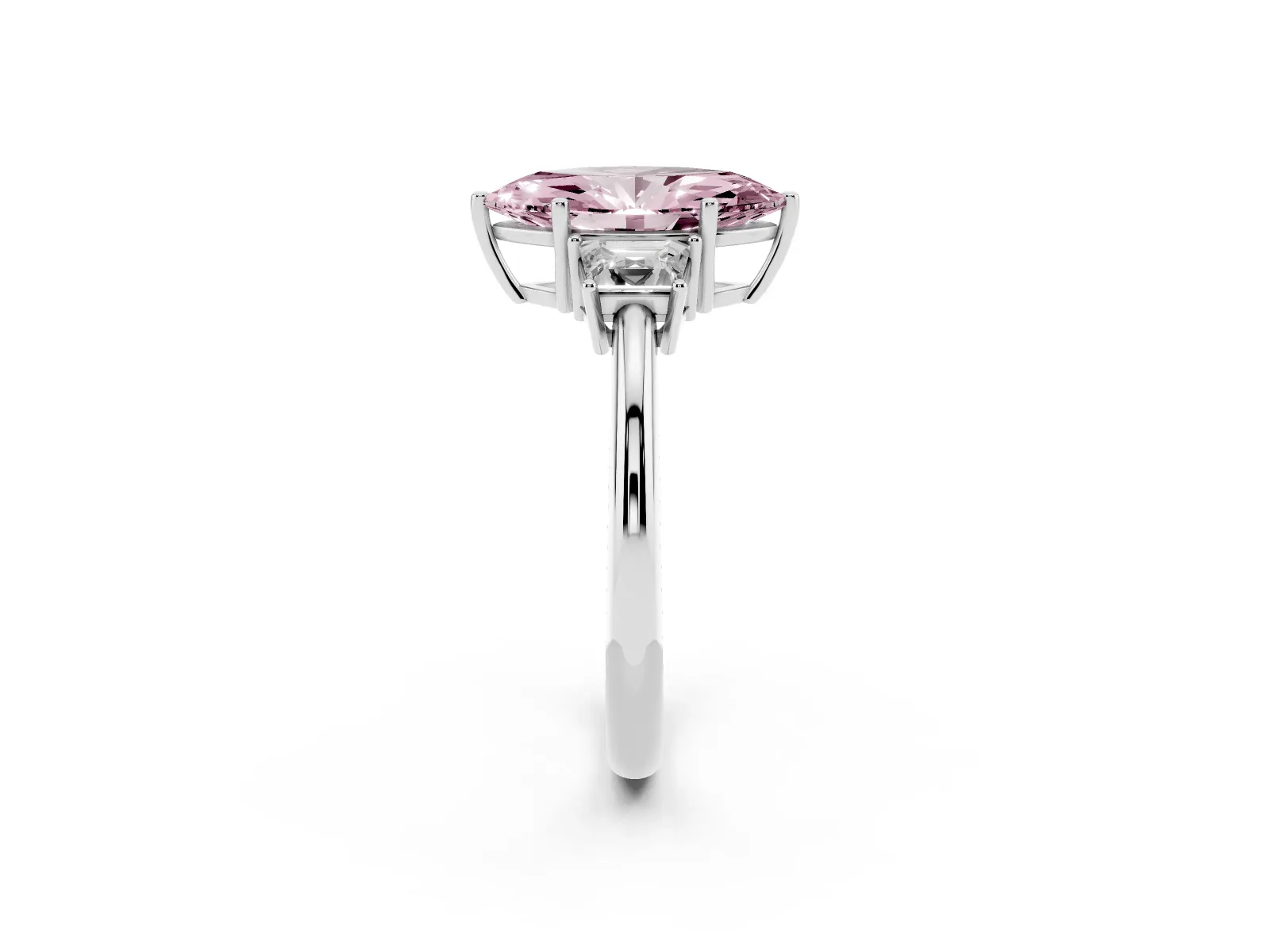 Fancy Pink Marquise Cut Diamond Three-Stone Ring with Trapezoid Side Stones and Prong Setting Platinum