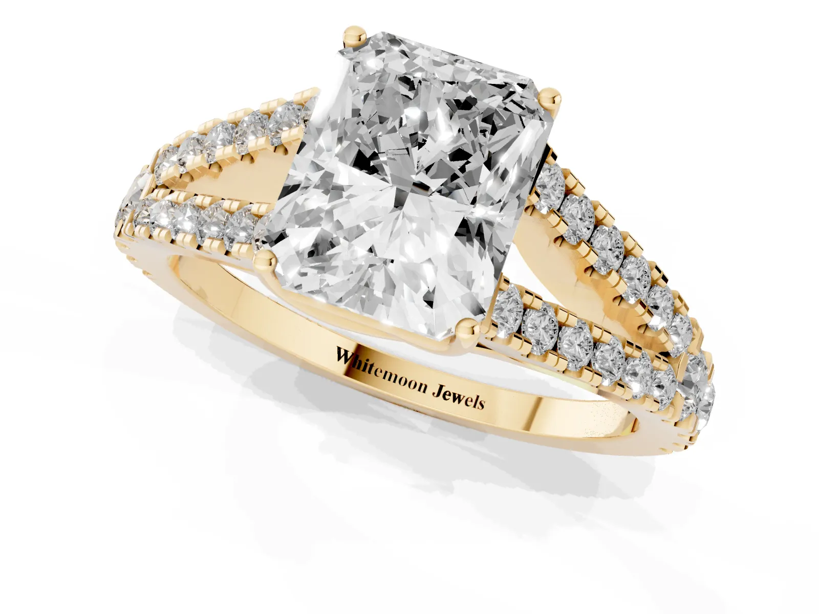 Radiant Cut Diamond Split Shank Engagement Ring with Round Pavé and Prong Setting Yellow gold