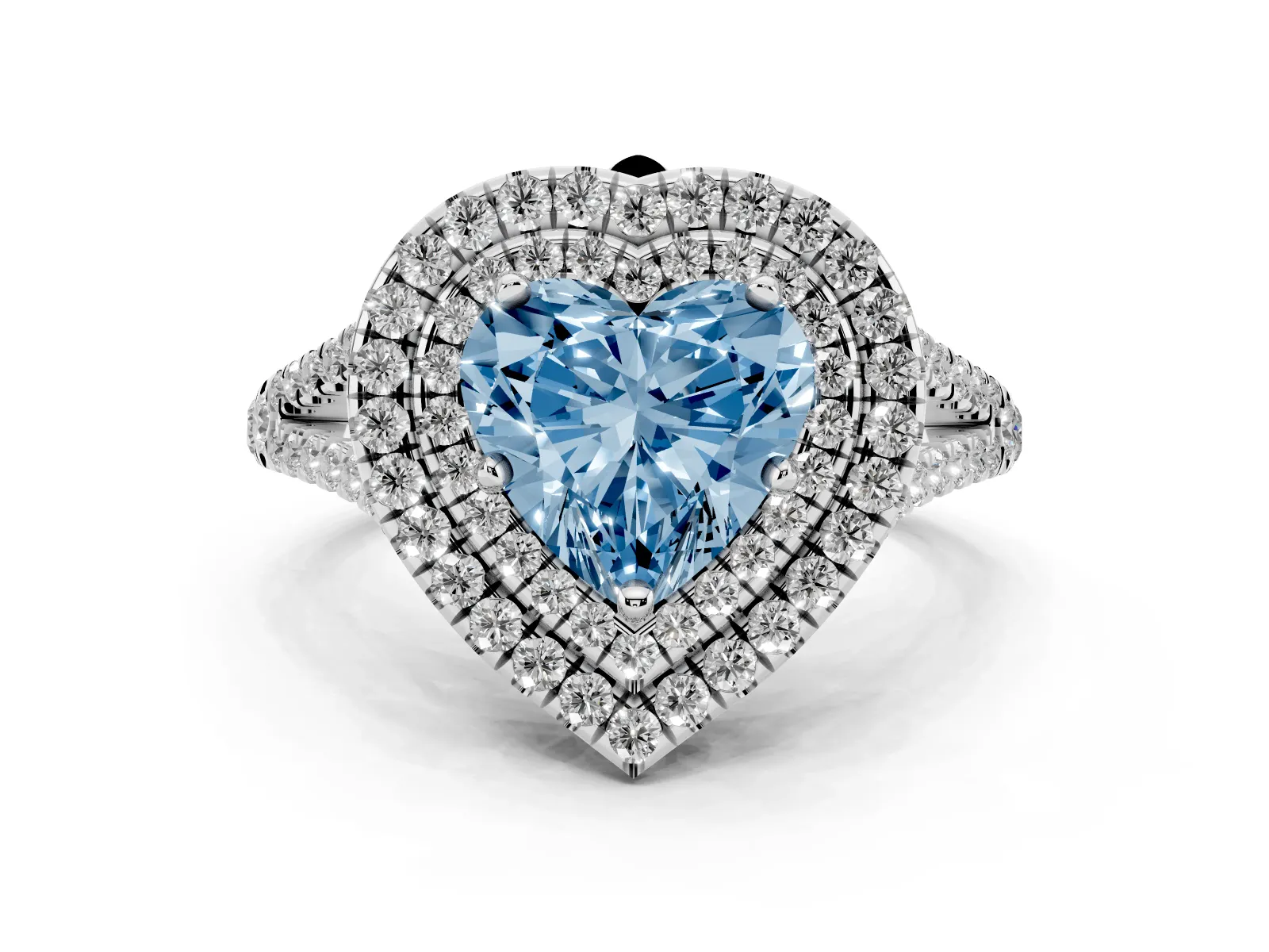 Fancy Blue Heart Cut Diamond Double Halo Ring with Pavé Band and Prong Setting Platinum