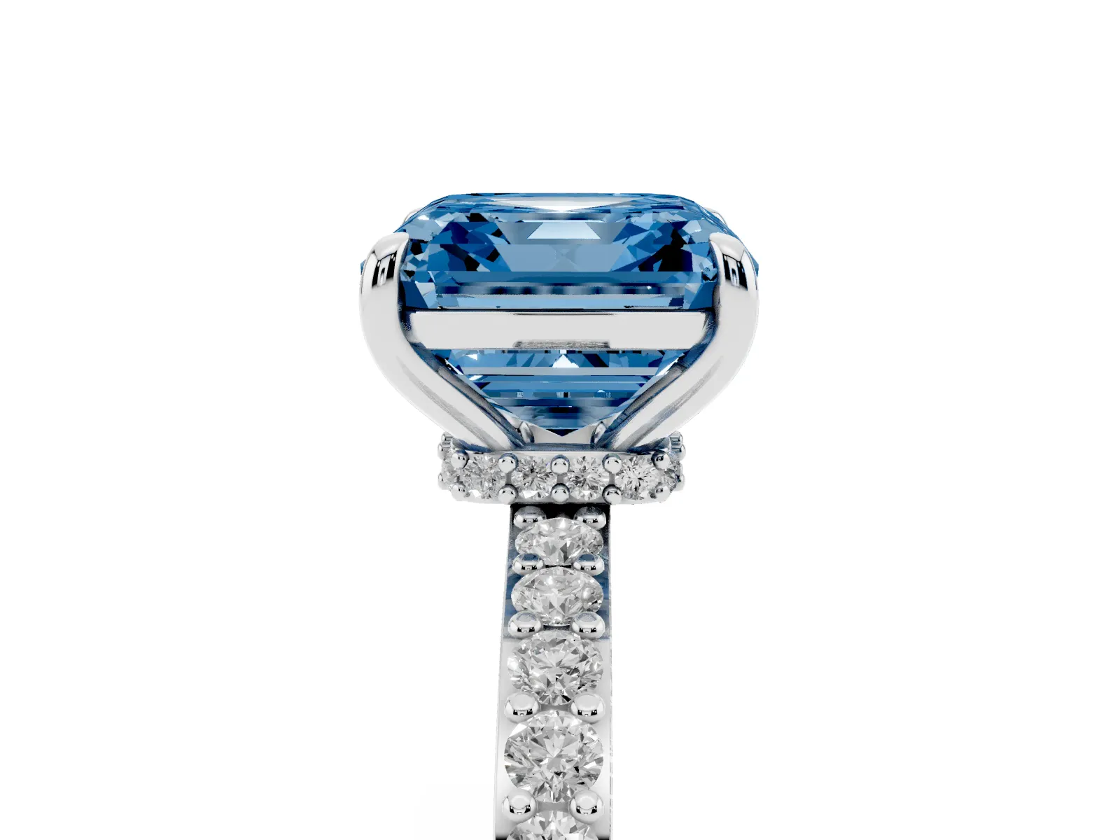 Fancy Blue Asscher Cut Diamond Solitaire Engagement Ring with Pavé Band and Four-Prong Setting White gold