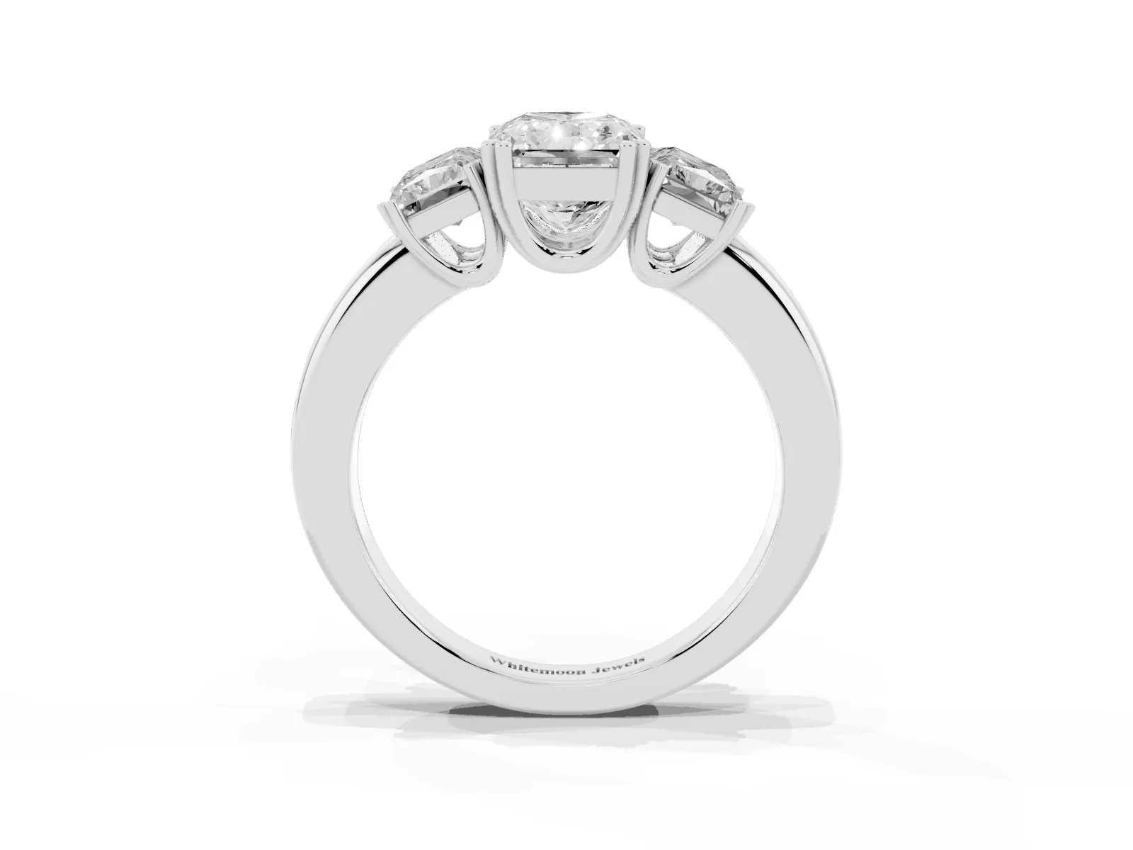 Three-Stone Radiant Cut Cut Diamond Ring with Channel Set Band and Four-Prong Setting White gold
