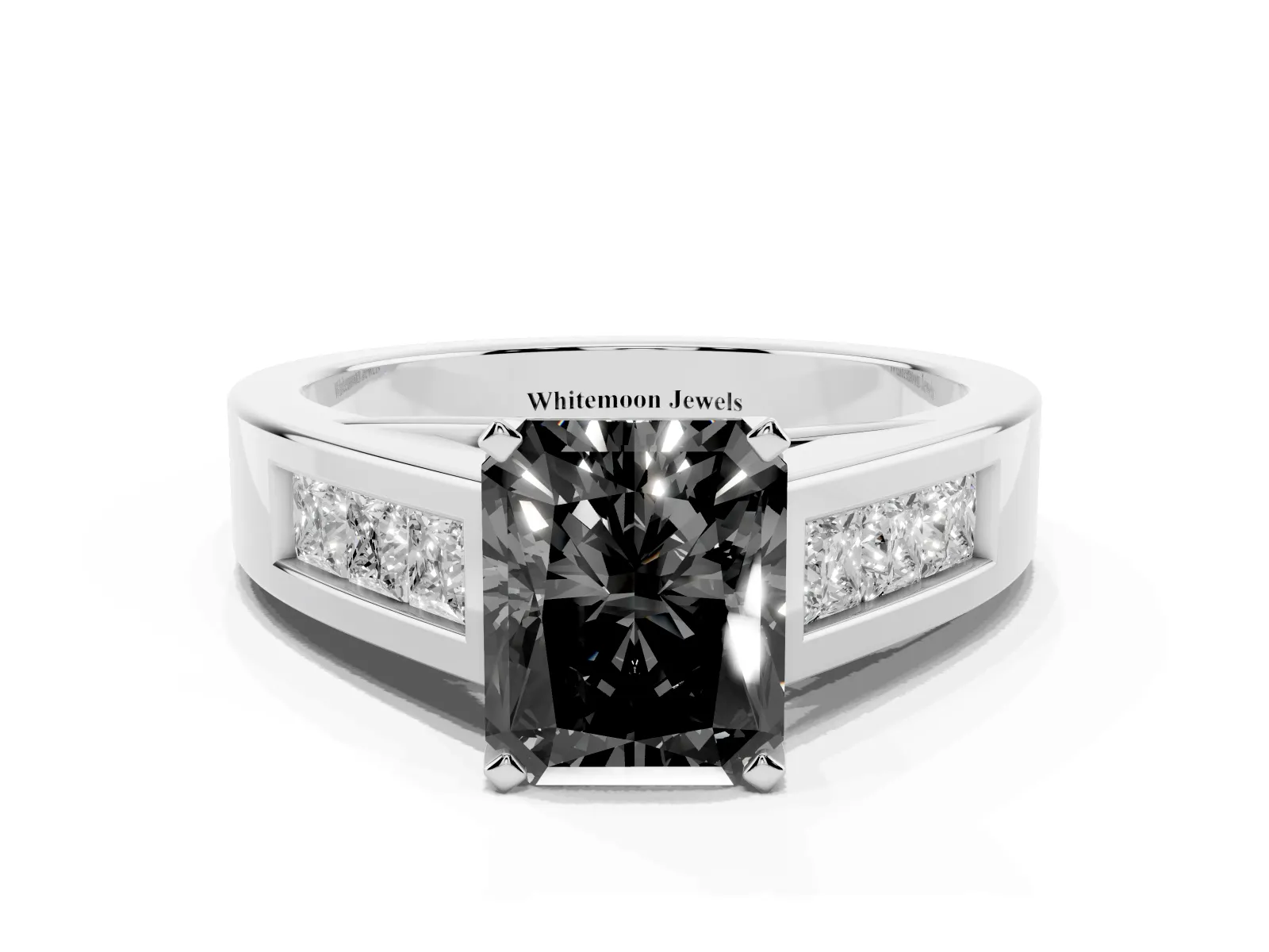 Fancy Black Radiant Cut Cut Channel Set Solitaire Ring with Four-Prong Setting Platinum