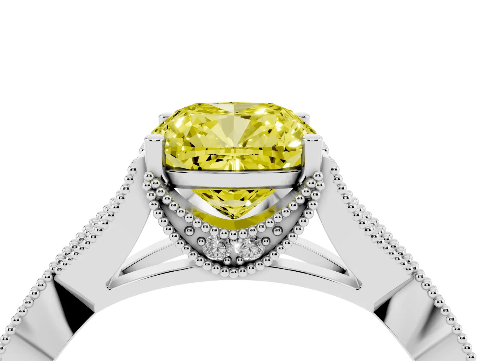 Fancy Yellow Cushion Cut Cut Diamond Twisted Band with Milgrain Pave Setting and Four-Prong Setting Platinum