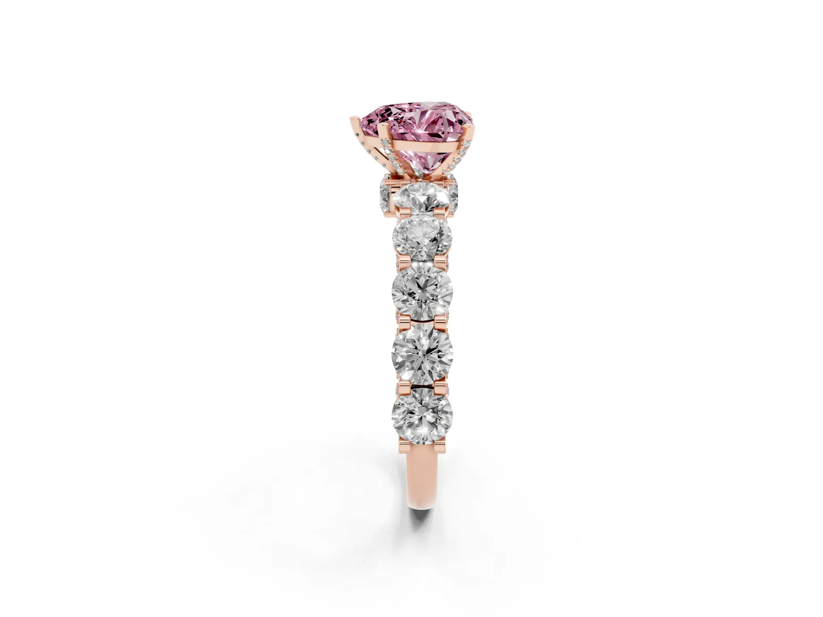Fancy Pink Heart Cut Diamond Side Stone Engagement Ring with Four-Prong Setting Rose gold