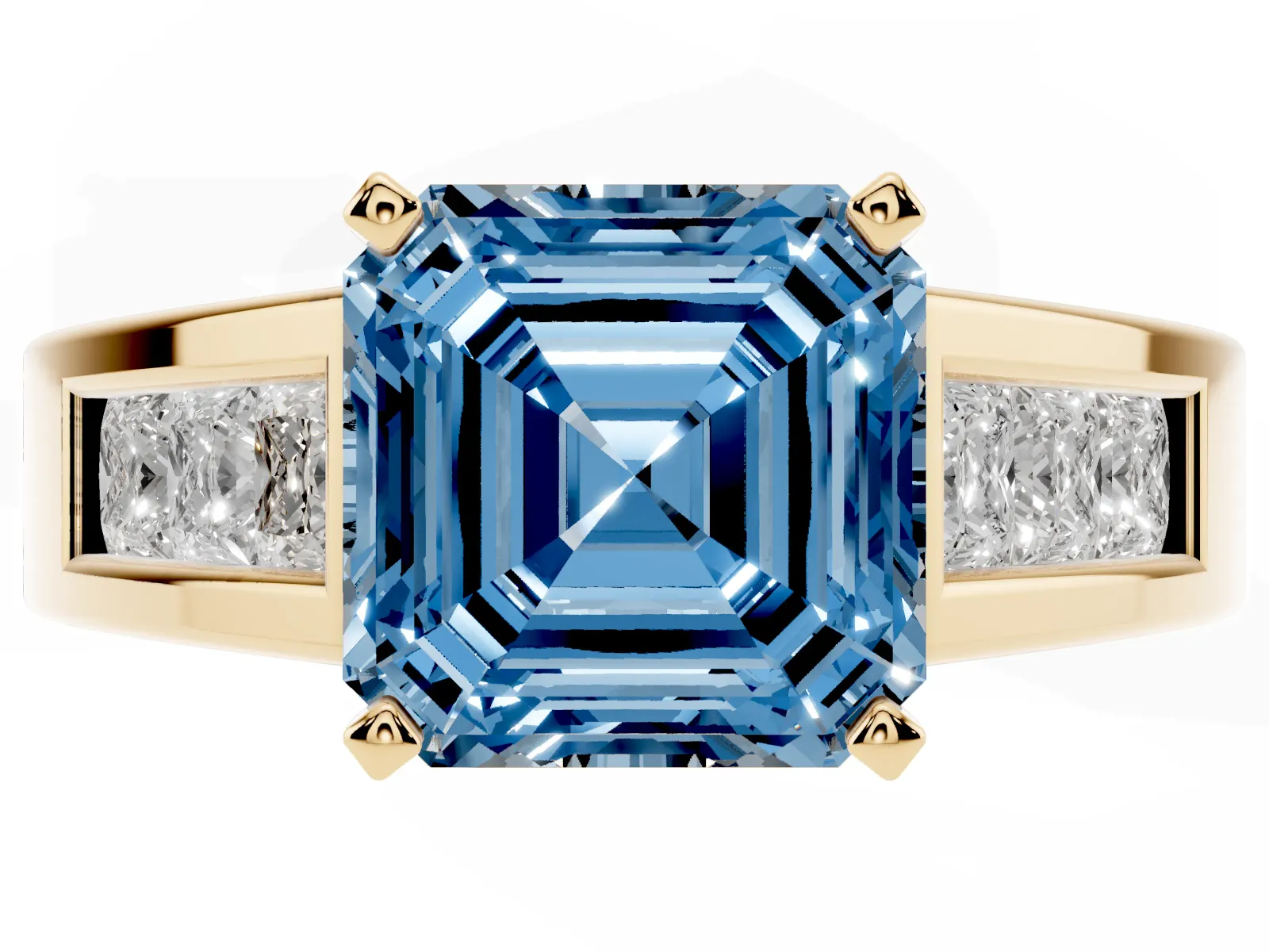 Fancy Blue Asscher Cut Cut Channel Set Solitaire Ring with Four-Prong Setting Yellow gold