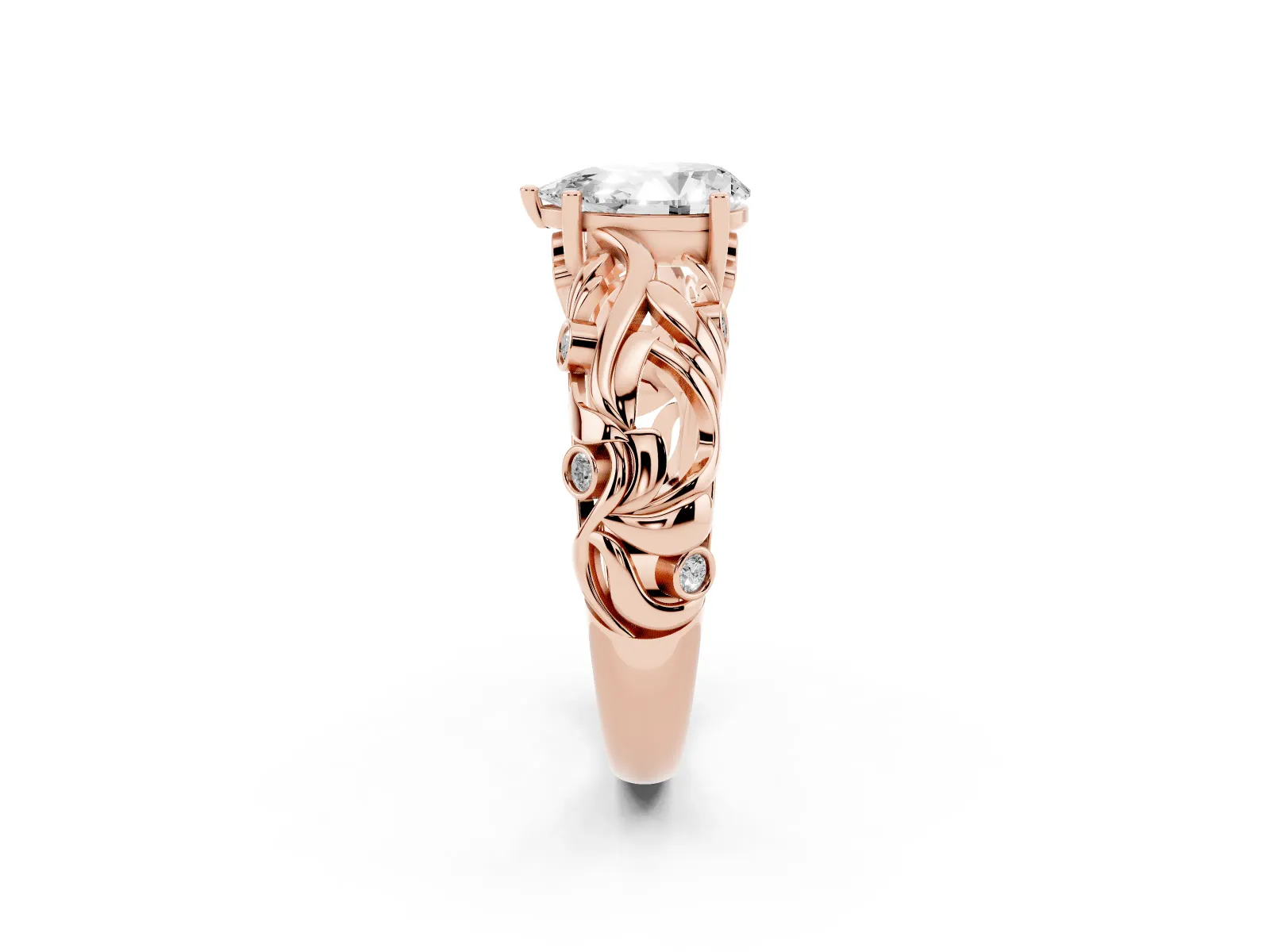 Pear Cut Solitaire Diamond Leaf-Inspired Vine Band Ring with Prong Setting Rose gold