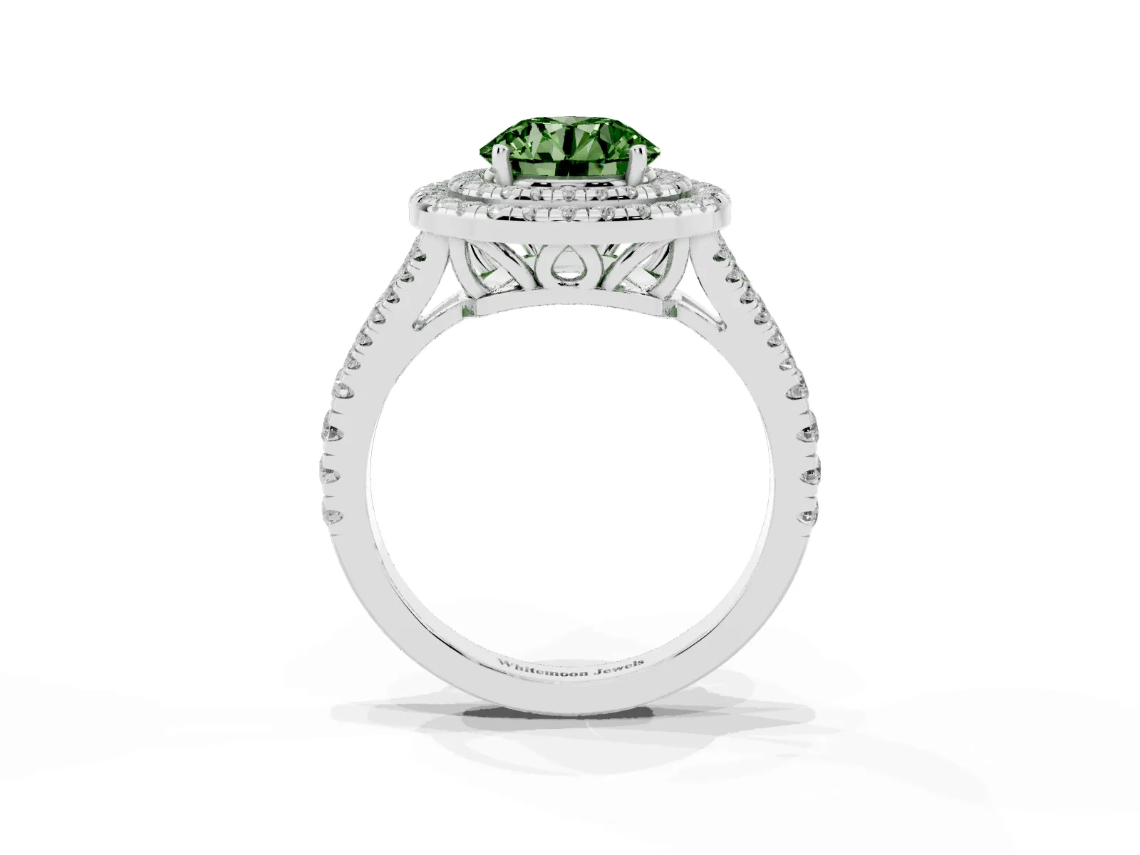 Fancy Green Round Cut Diamond Double Halo Ring with Pavé Band and Prong Setting Platinum
