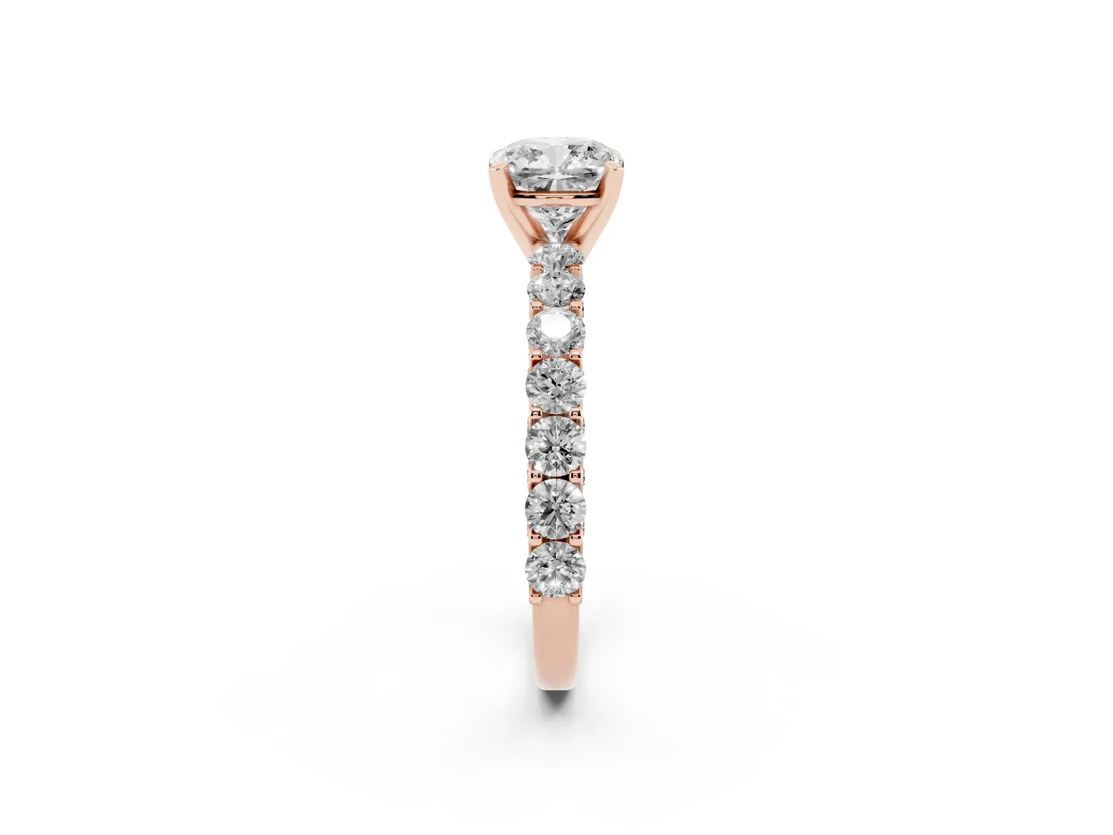 Cushion Cut Diamond Solitaire Ring with Shared Prong Pavé Band and Four-Prong Setting Rose gold