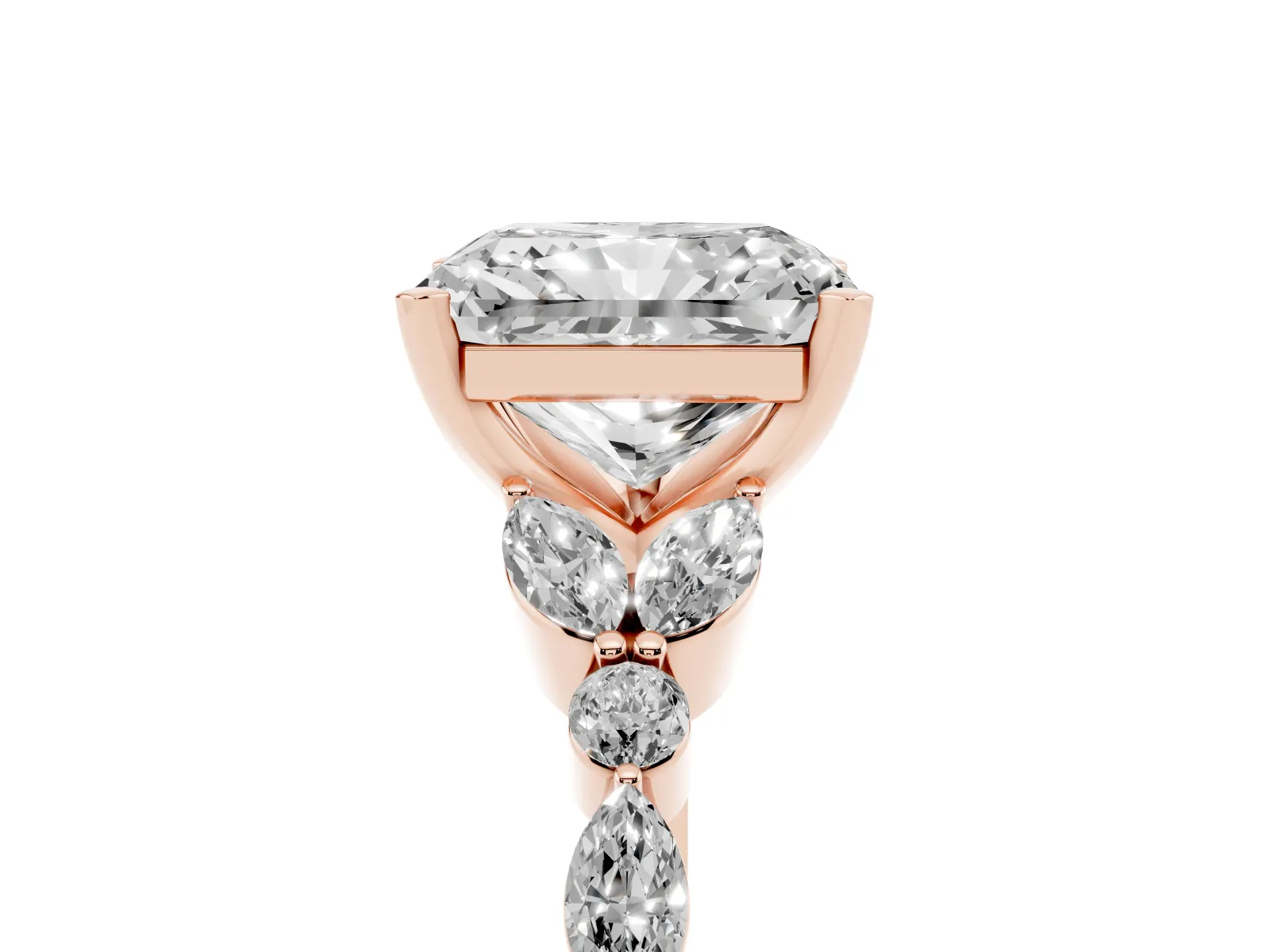 Radiant Cut Diamond Solitaire Ring with Side Stones and Four-Prong Setting Rose gold