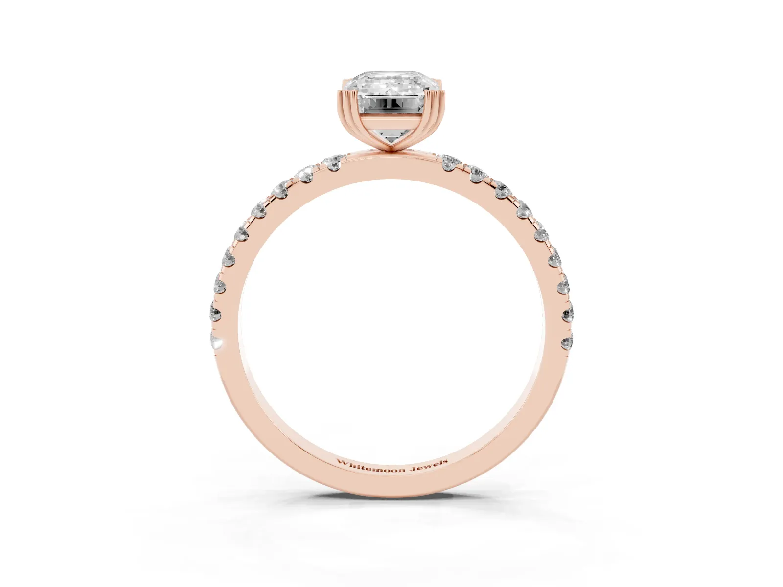 Emerald Cut Brilliant Solitaire with Pavé Band and Claw Prong Setting Rose gold