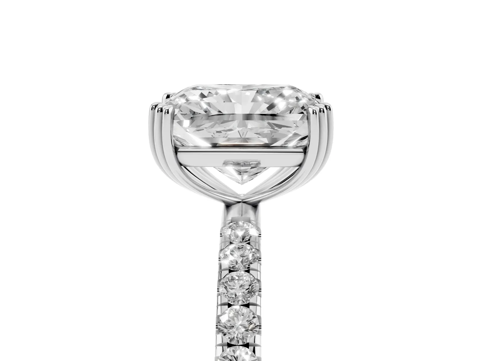 Radiant Cut Brilliant Solitaire with Pavé Band and Claw Prong Setting Silver