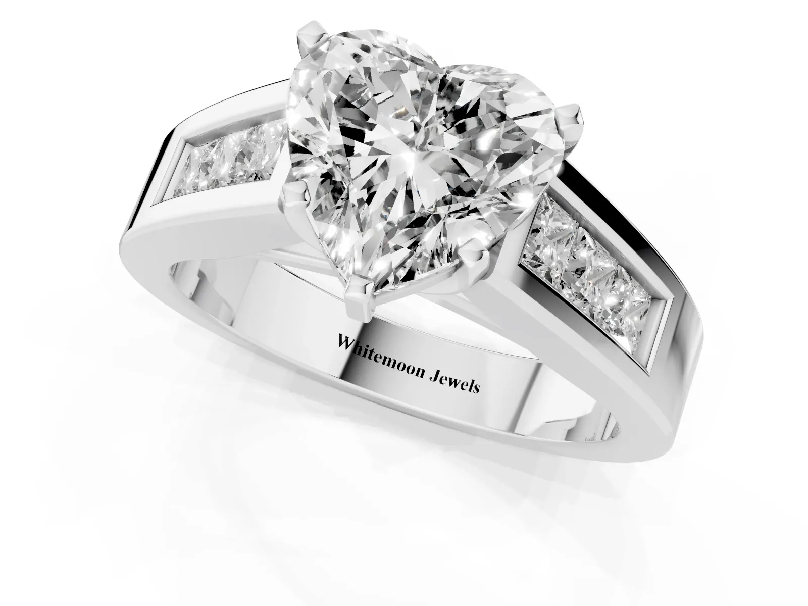 Heart Cut Cut Channel Set Solitaire Ring with Four-Prong Setting White gold