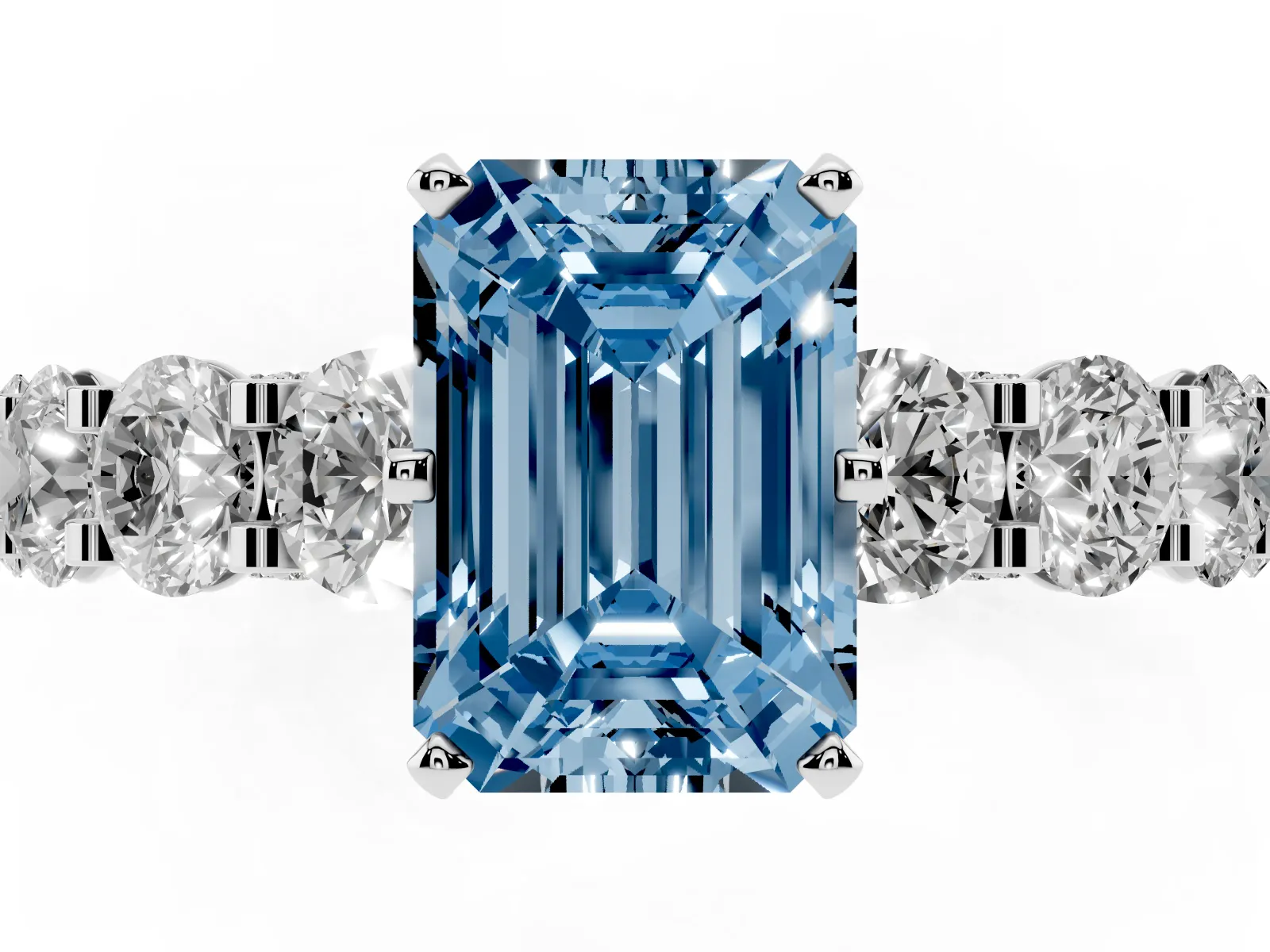 Fancy Blue Emerald Cut Diamond Side Stone Engagement Ring with Four-Prong Setting White gold