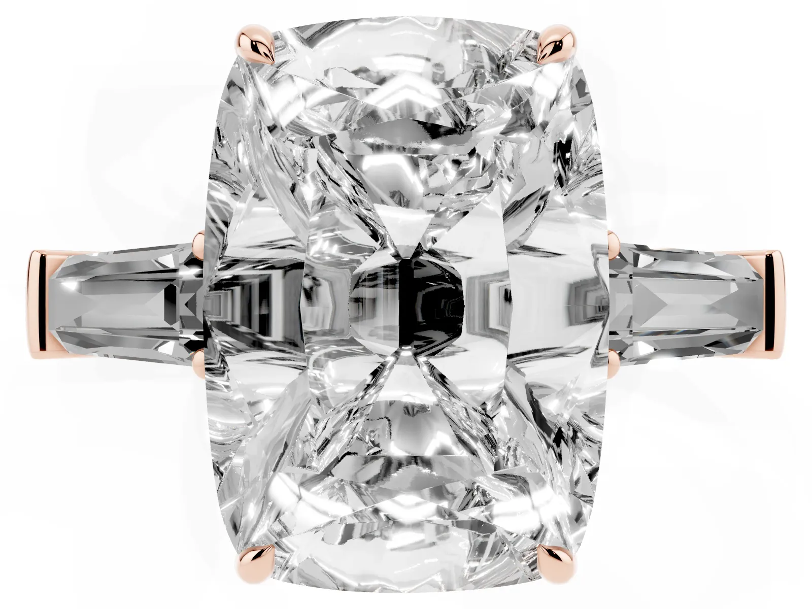 Old Mine Elongated Cushion Diamond with Side Tapered Baguette Three Stone Ring Rose gold