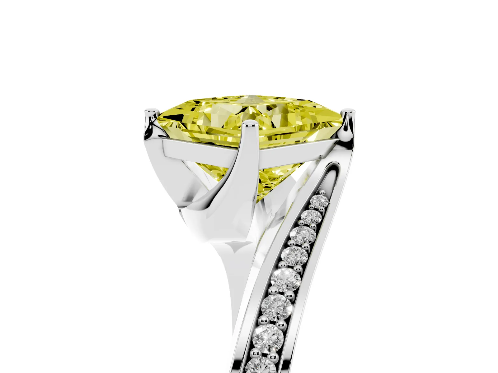 Fancy Yellow Princess Cut Solitaire Diamond Twist Band with Pavé Setting and Four-Prong Setting Platinum
