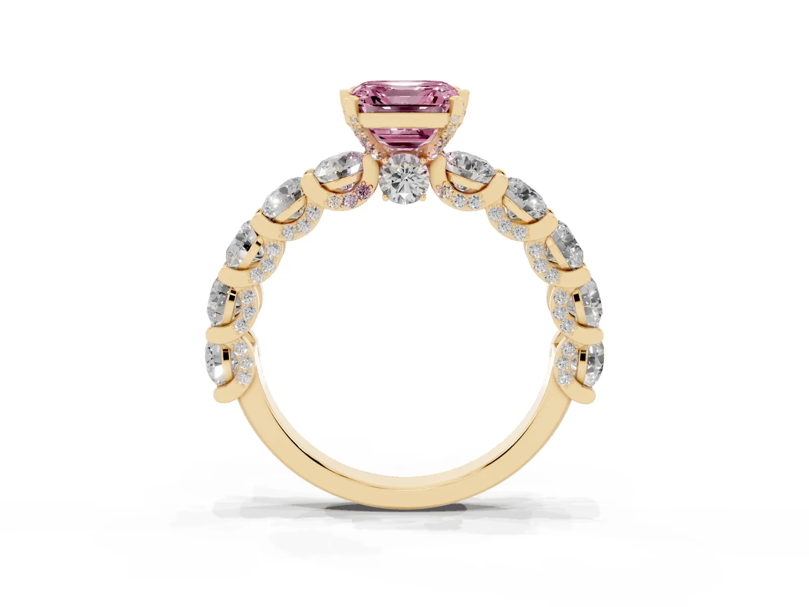 Fancy Pink Asscher Cut Diamond Side Stone Engagement Ring with Four-Prong Setting Yellow gold