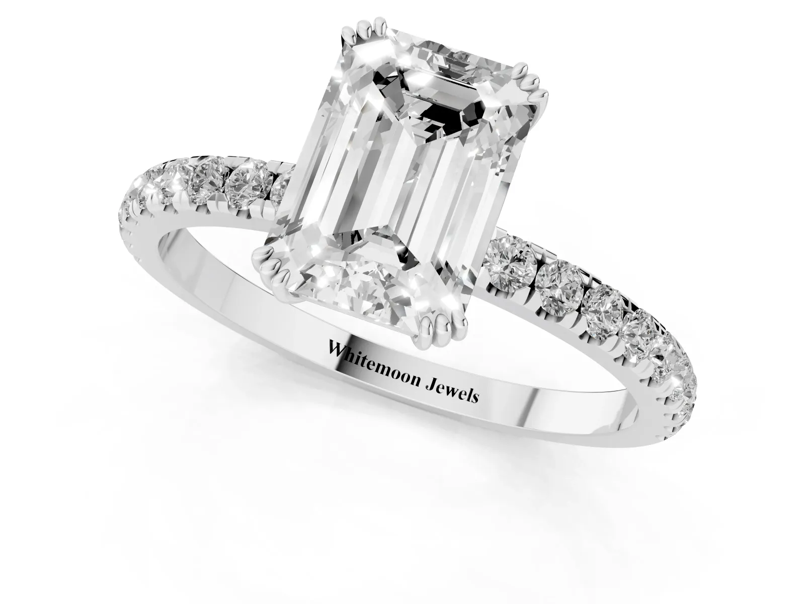 Emerald Cut Brilliant Solitaire with Pavé Band and Claw Prong Setting Silver