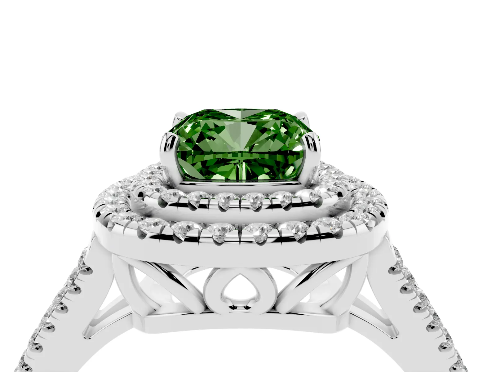 Fancy Green Cushion Cut Diamond Double Halo Ring with Pavé Band and Prong Setting Platinum