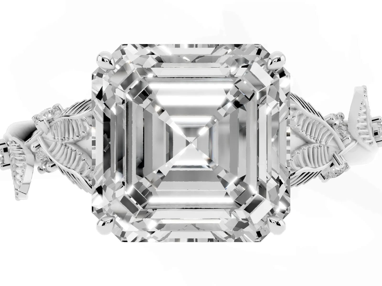 Asscher Cut Diamond Solitaire Ring with Leaf Motif Band and Four-Prong Setting White gold