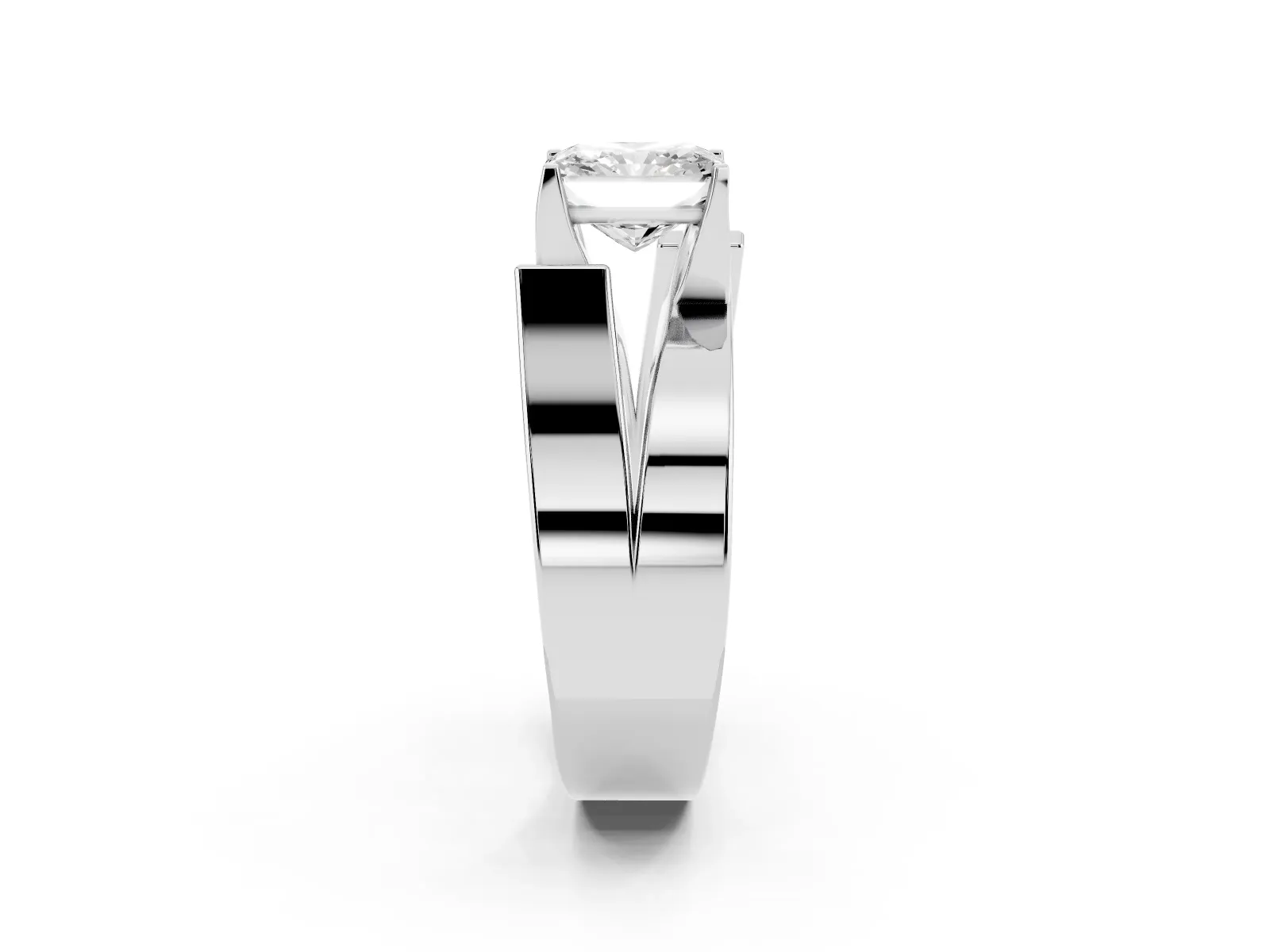 Modern Tension Set Radiant Cut Diamond Solitaire Wide Band Ring White gold