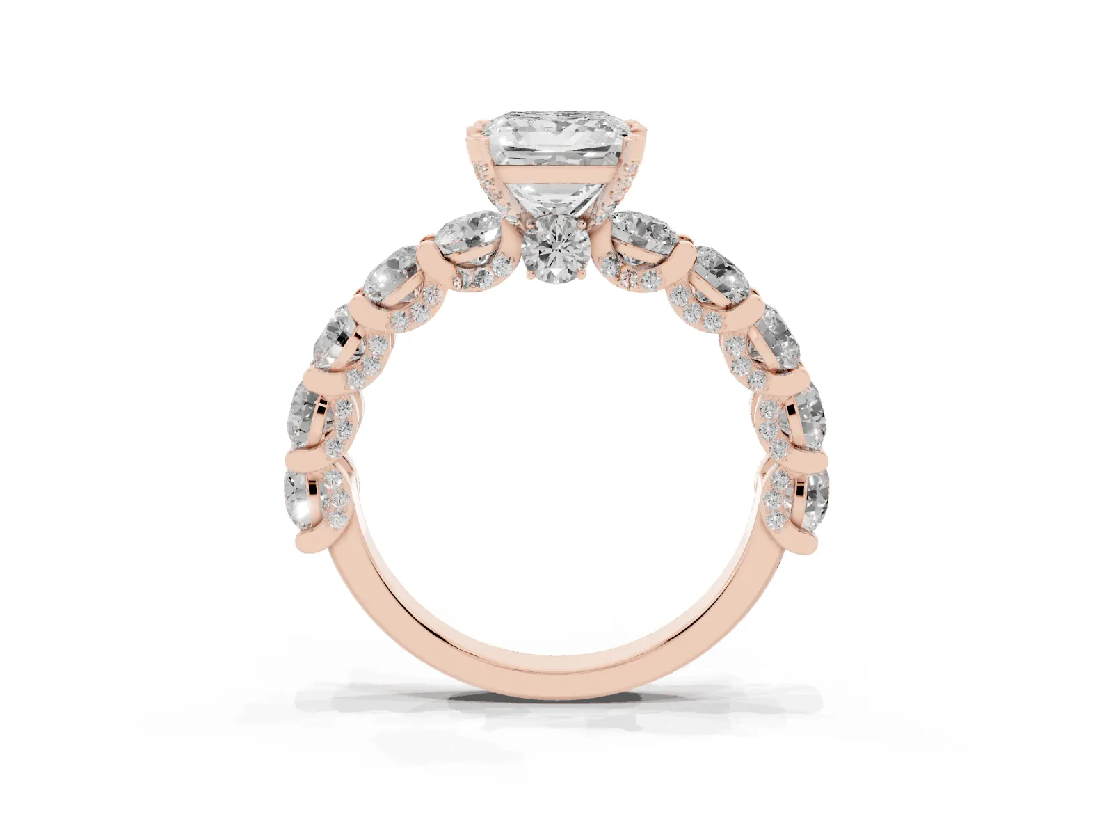 Princess Cut Diamond Side Stone Engagement Ring with Four-Prong Setting Rose gold
