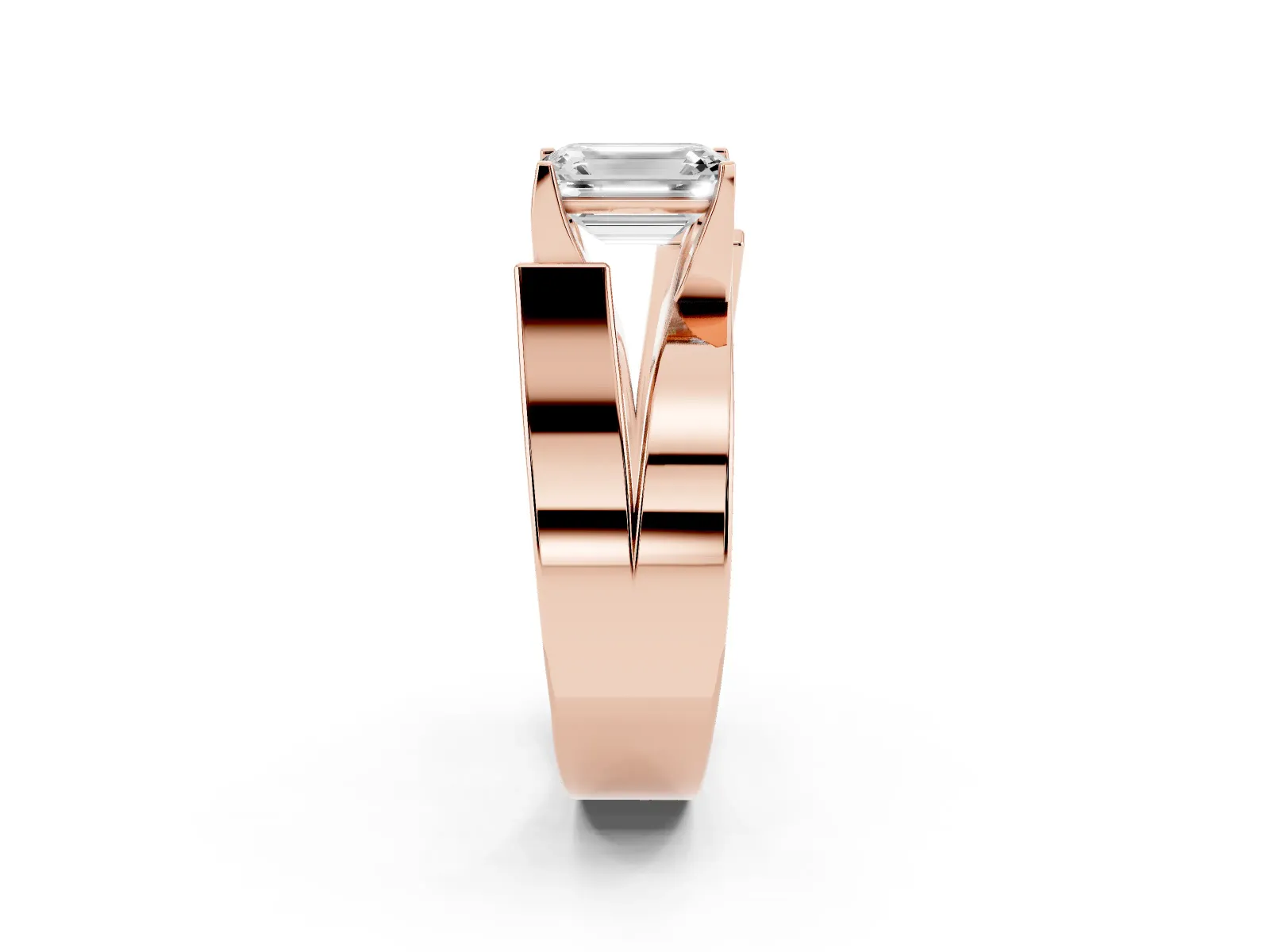 Modern Tension Set Emerald Cut Diamond Solitaire Wide Band Ring Rose gold