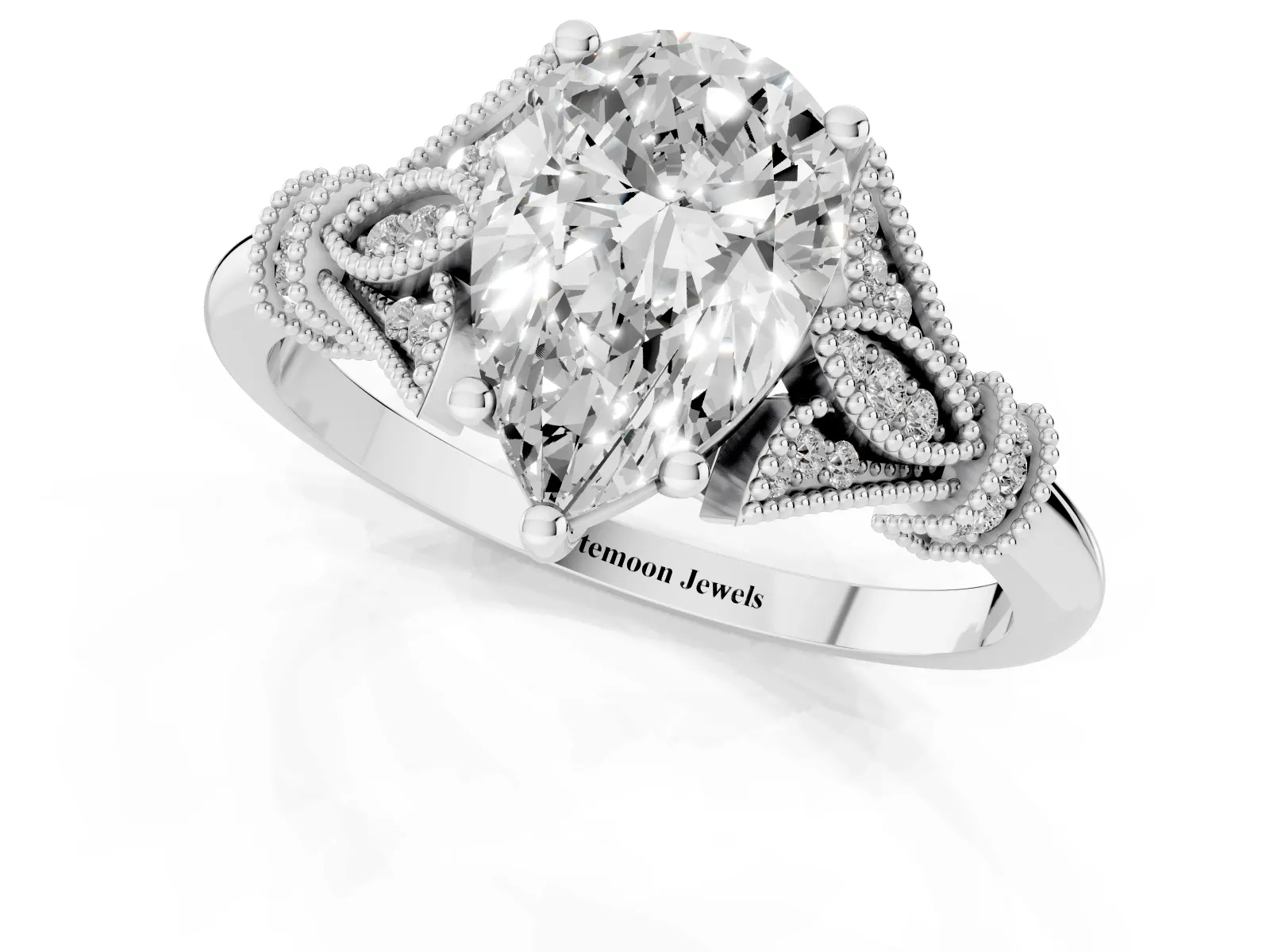 Pear Cut Diamond Solitaire Ring with Floral Filigree and Pave Accents Platinum