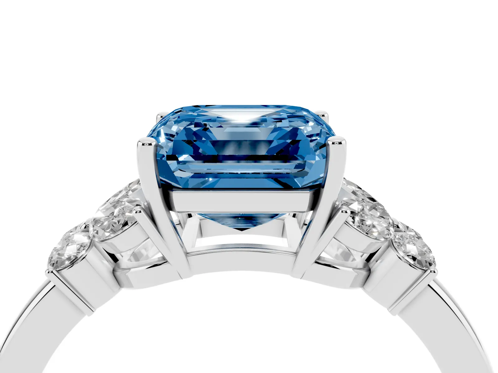 Fancy Blue Asscher Cut Cut Solitaire Floral Diamond Ring with Four-Prong Setting Platinum