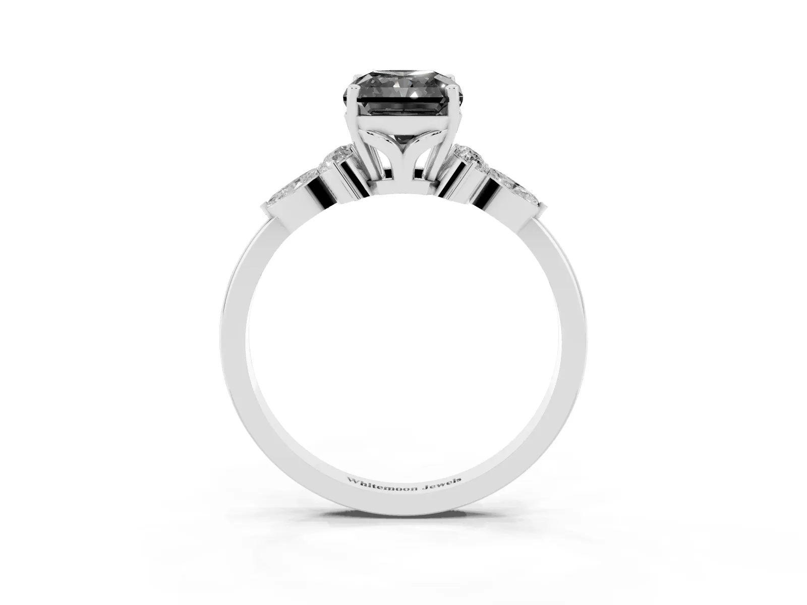 Fancy Black Radiant Cut Brilliant Diamond Solitaire Ring with Pear Side Stones and Four-Prong Setting White gold