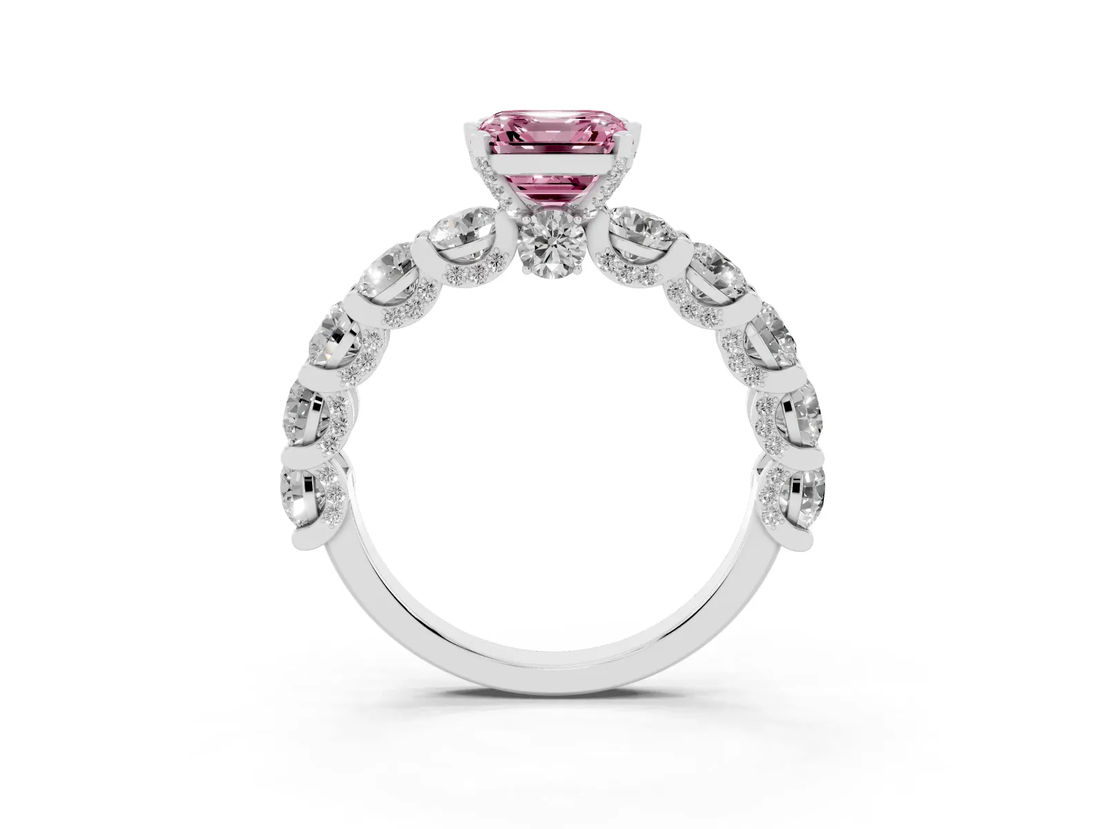 Fancy Pink Asscher Cut Diamond Side Stone Engagement Ring with Four-Prong Setting Platinum