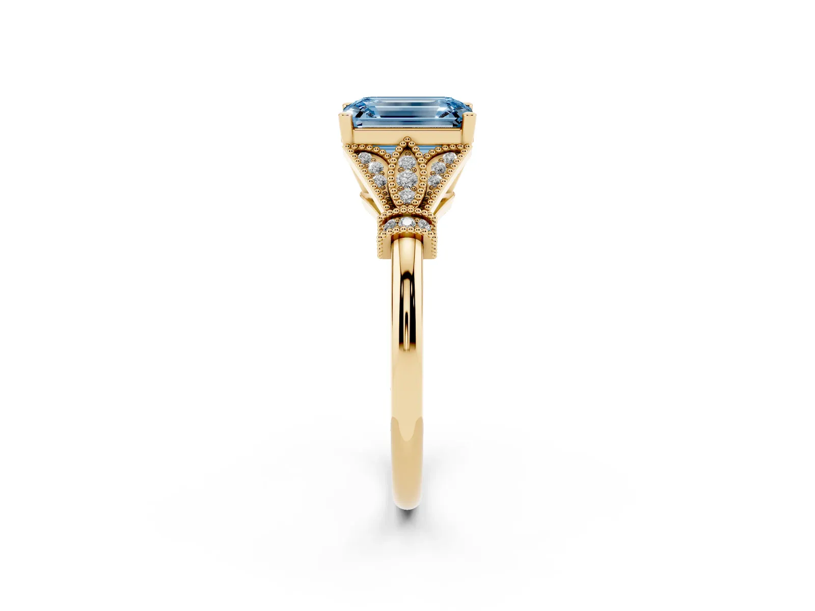 Fancy Blue Emerald Cut Diamond Solitaire Ring with Floral Filigree and Pave Accents Yellow gold