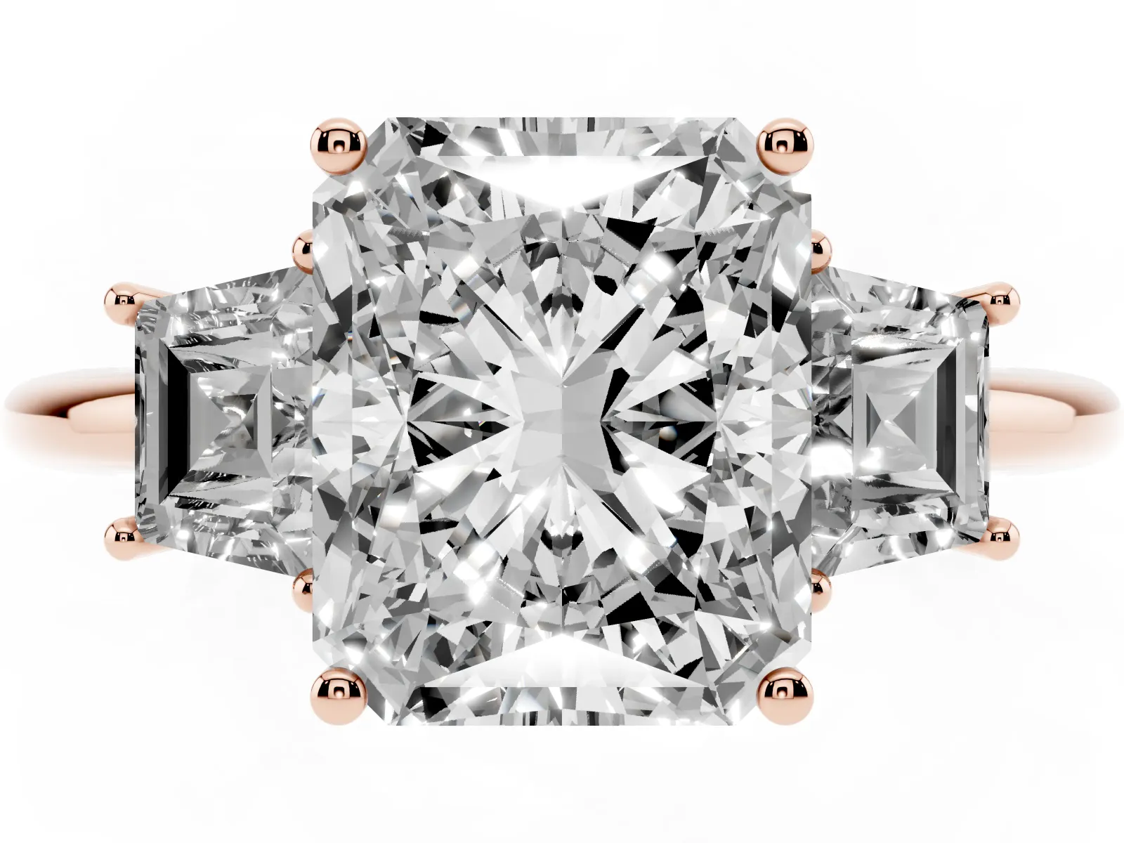 Radiant Cut Diamond Three-Stone Ring with Trapezoid Side Stones and Prong Setting Rose gold