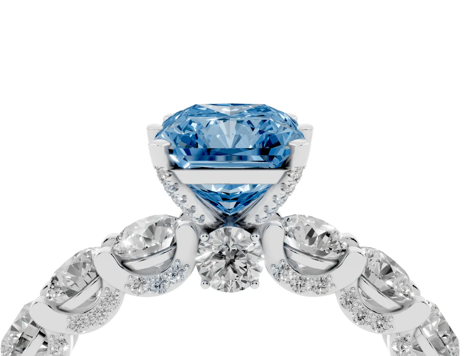 Fancy Blue Radiant Cut Diamond Side Stone Engagement Ring with Four-Prong Setting Platinum