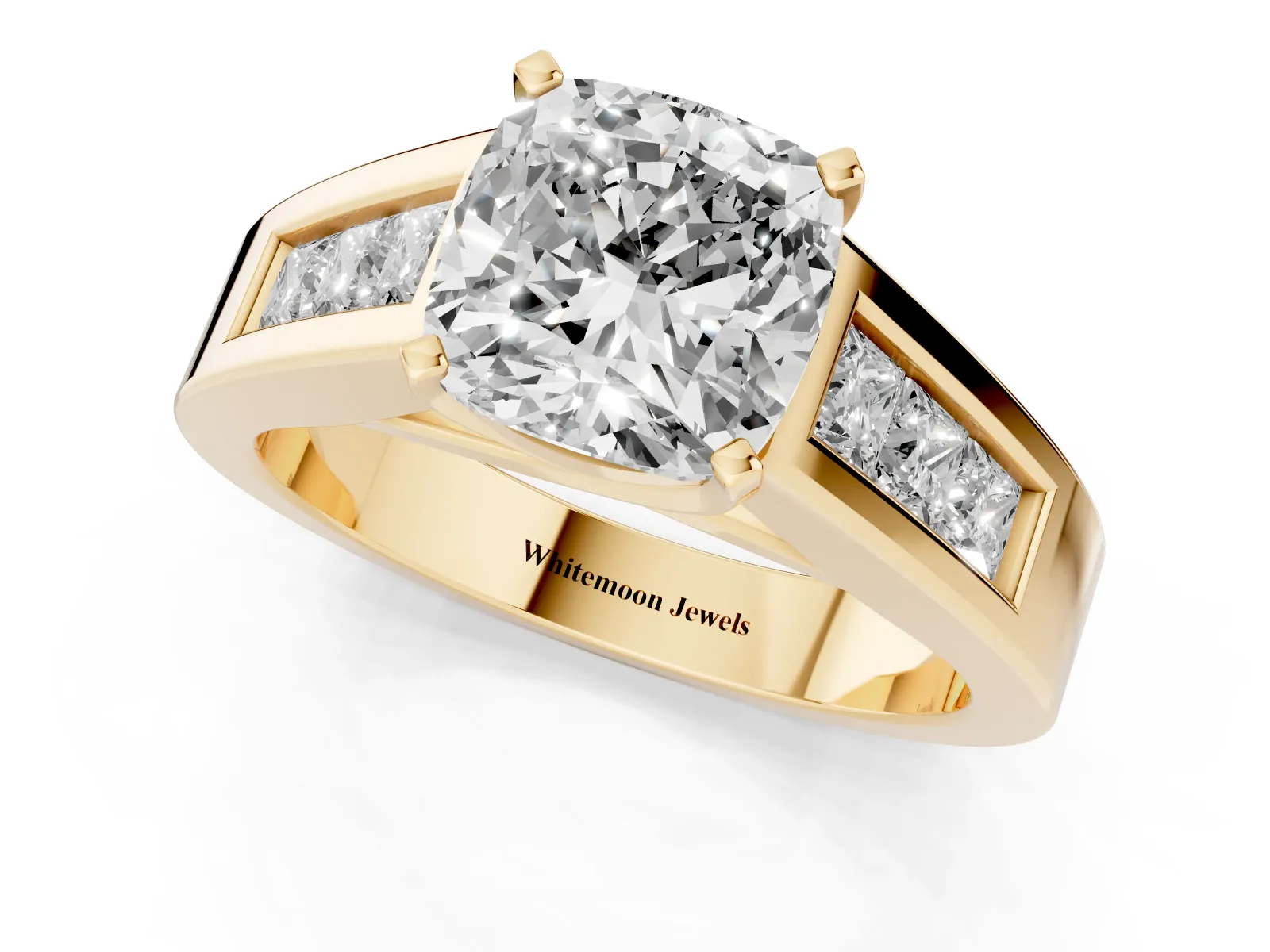 Cushion Cut Cut Channel Set Solitaire Ring with Four-Prong Setting Yellow gold
