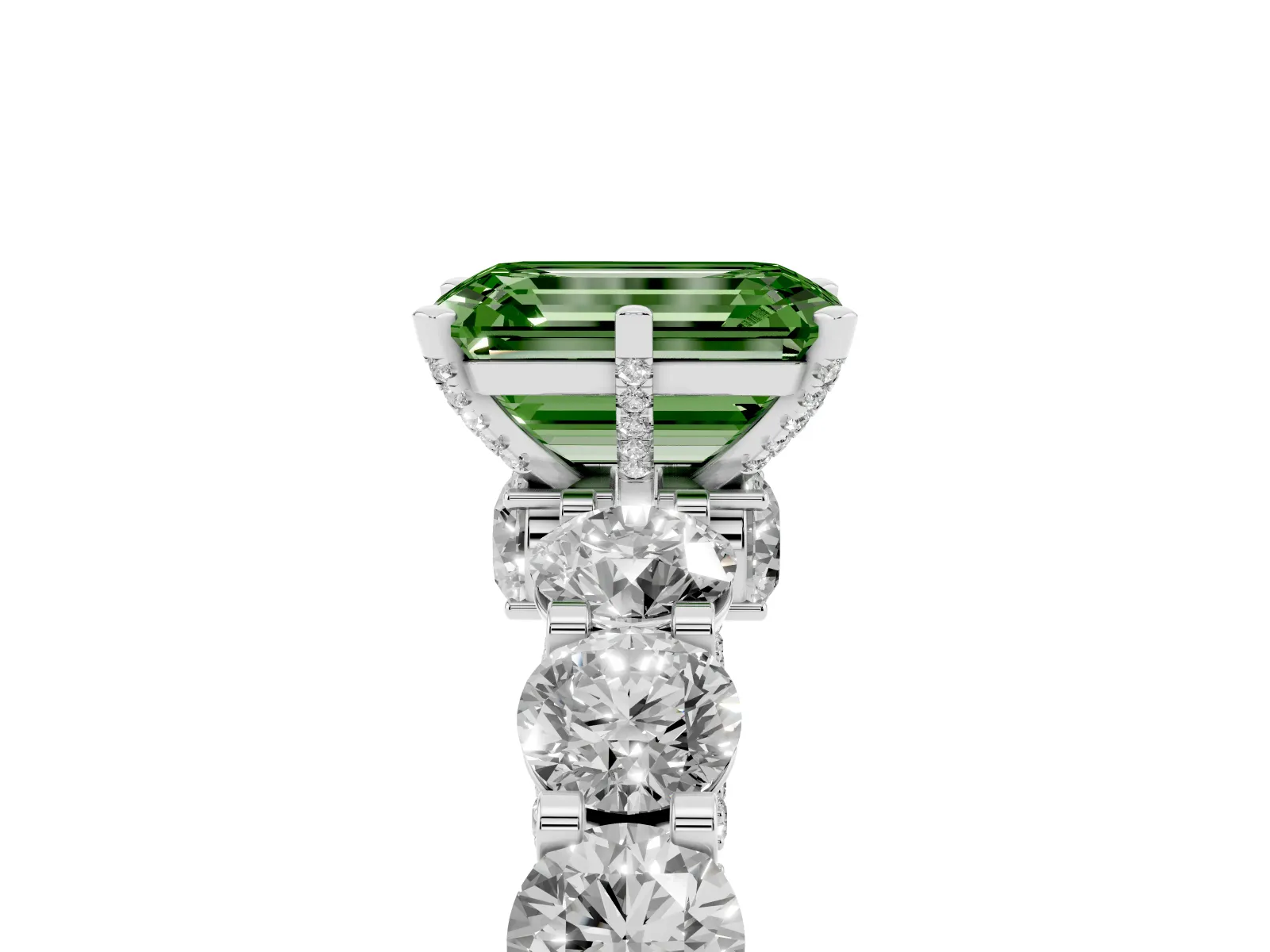 Fancy Green Emerald Cut Diamond Side Stone Engagement Ring with Four-Prong Setting White gold