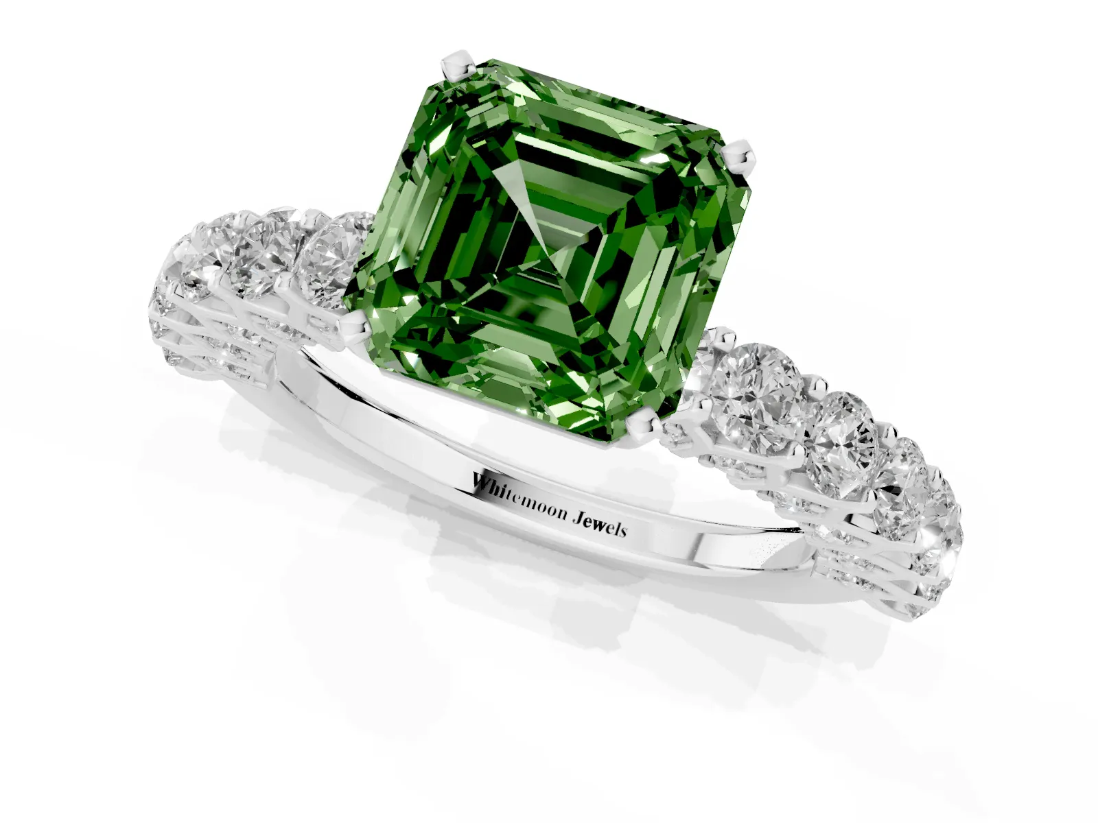 Fancy Green Asscher Cut Diamond Solitaire Ring with Shared Prong Pavé Band and Four-Prong Setting White gold