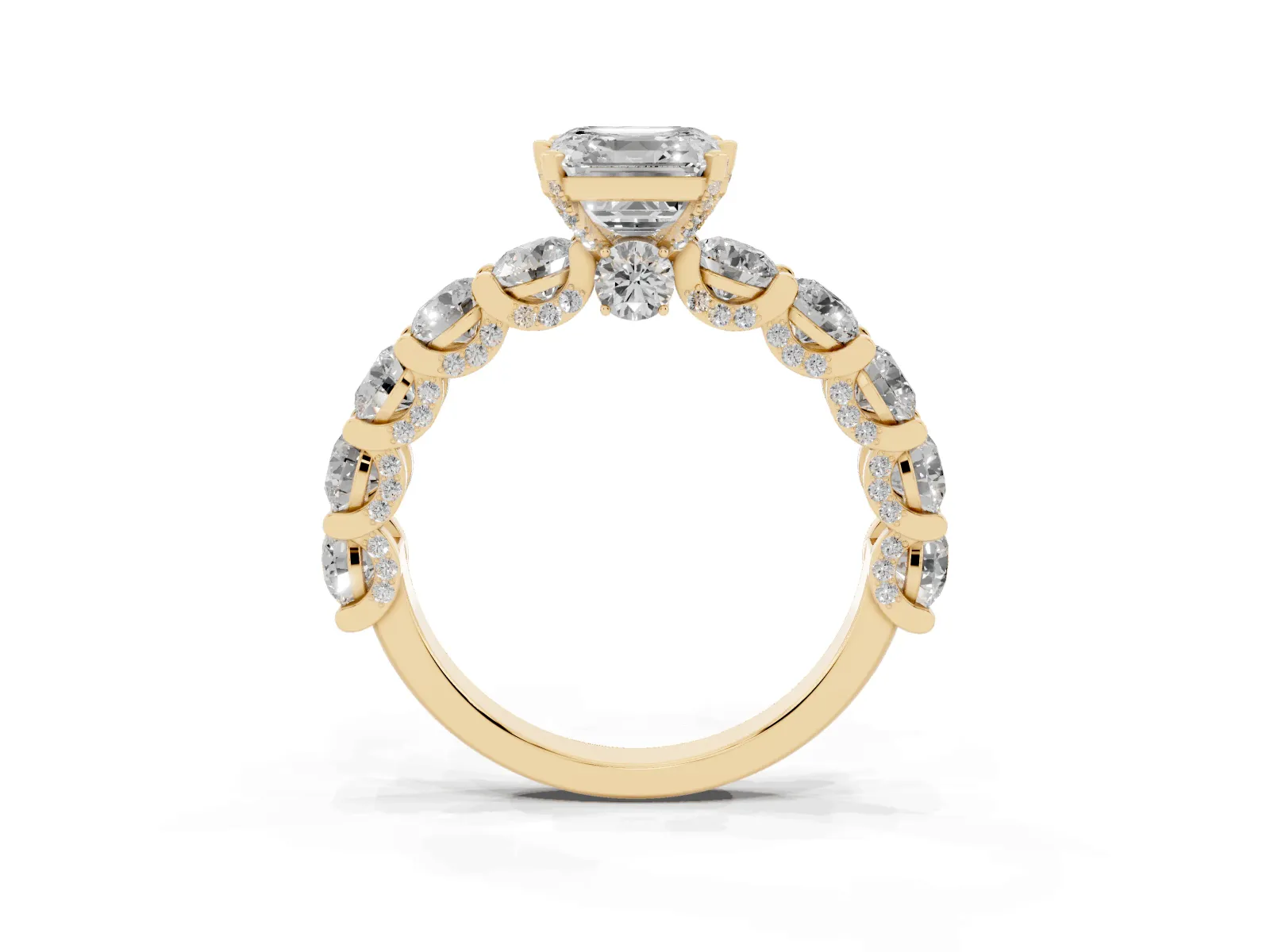 Asscher Cut Diamond Side Stone Engagement Ring with Four-Prong Setting Yellow gold